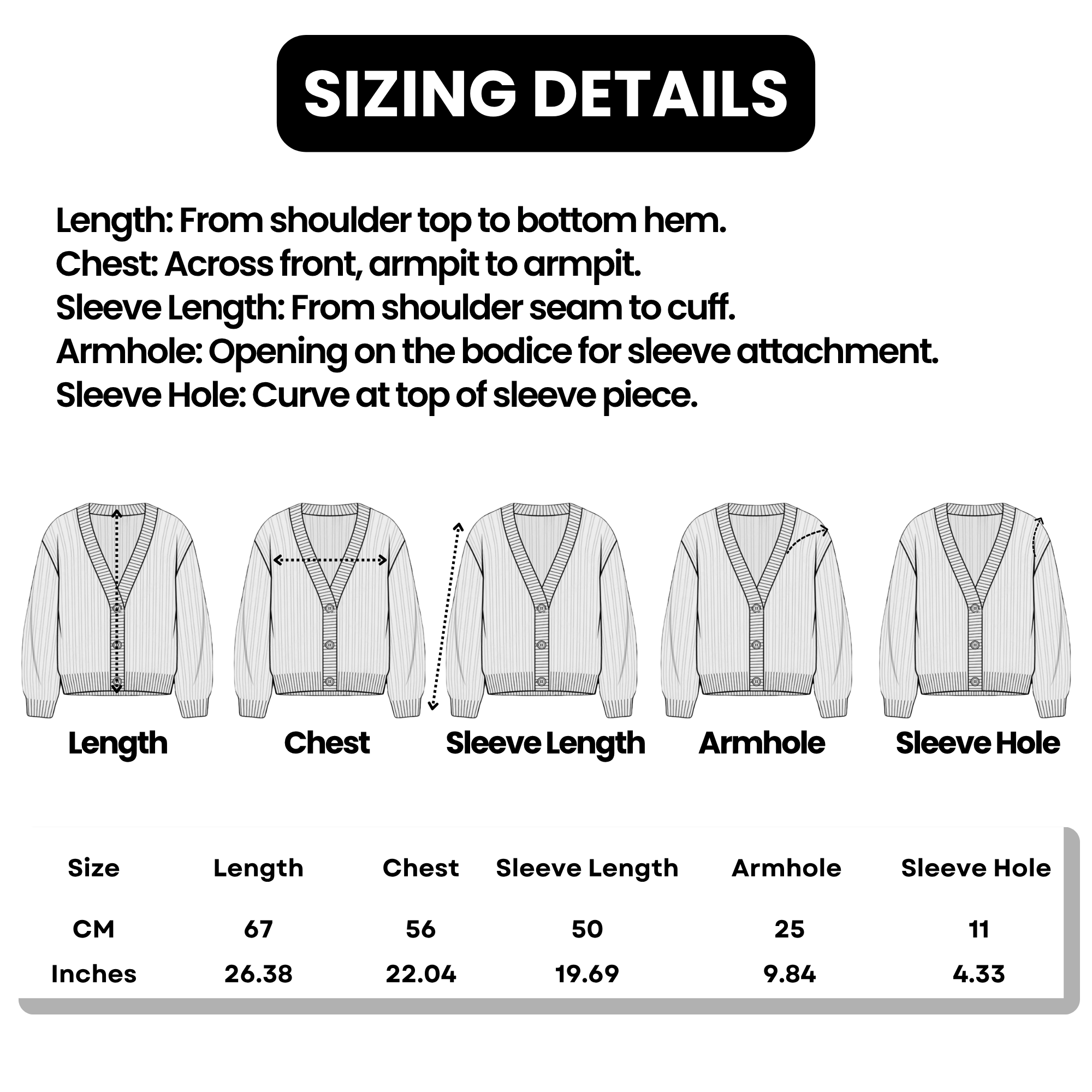 Short Cardigan Size Chart