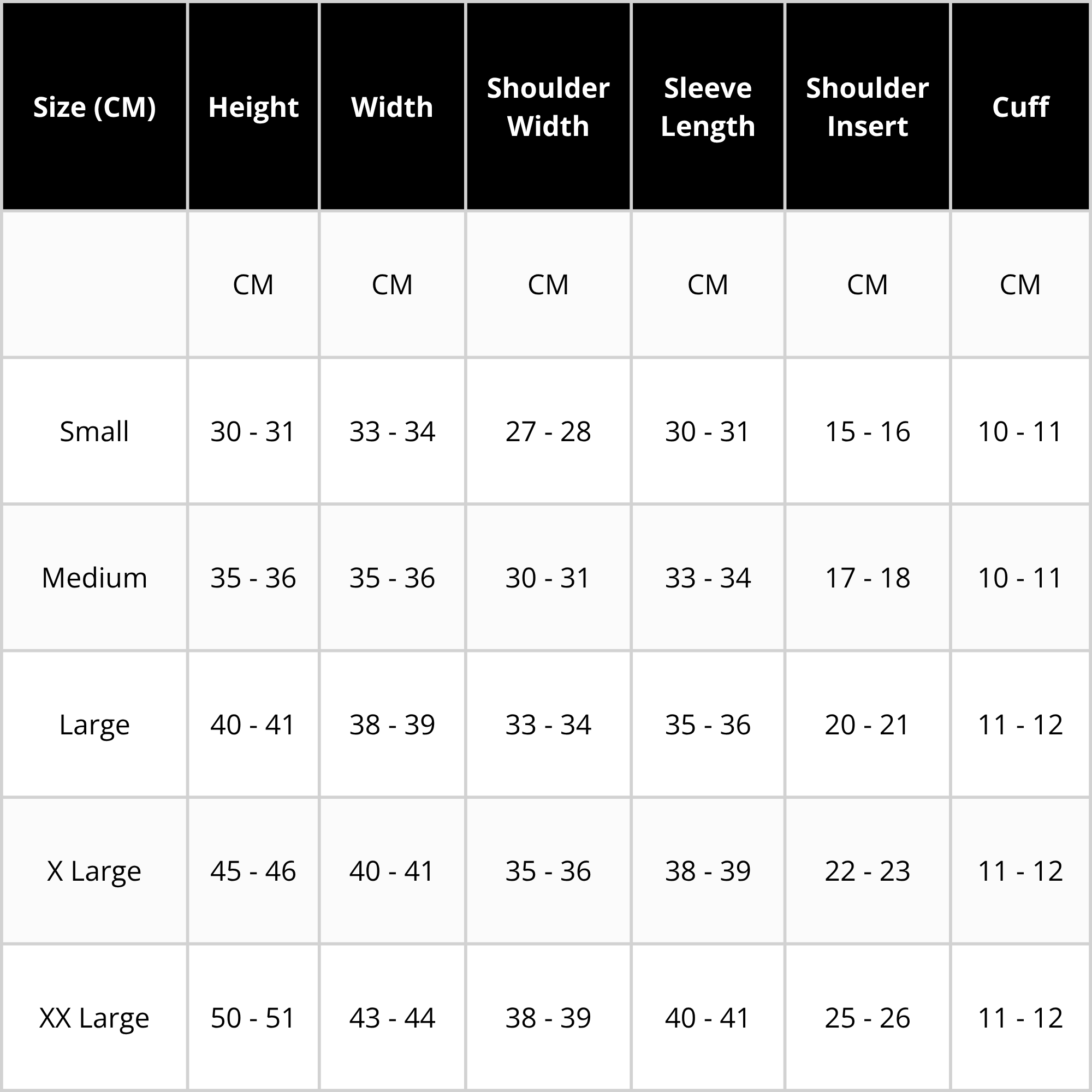 Kids Jacket Size Chart