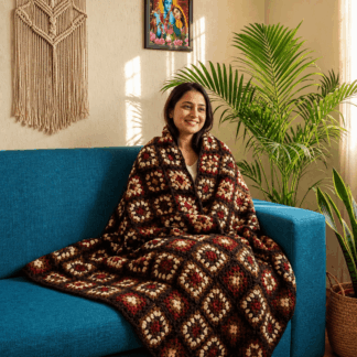 Nepal Handmade Granny Square 100% Wool Couch Sofa Throw Blanket - Sheep Woolen Throw Slipcover - Brown
