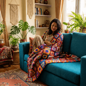 Nepal Handmade Granny Square 100% Wool Couch Sofa Throw Blanket - Sheep Woolen Throw Slipcover - Multicolour