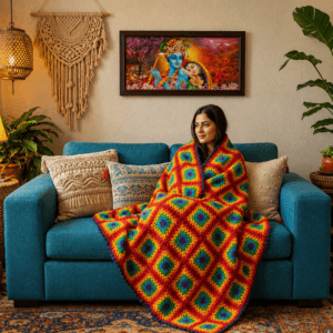 Nepal Handmade Granny Square 100% Wool Couch Sofa Throw Blanket - Multicolour Sheep Woolen Throw Slipcover
