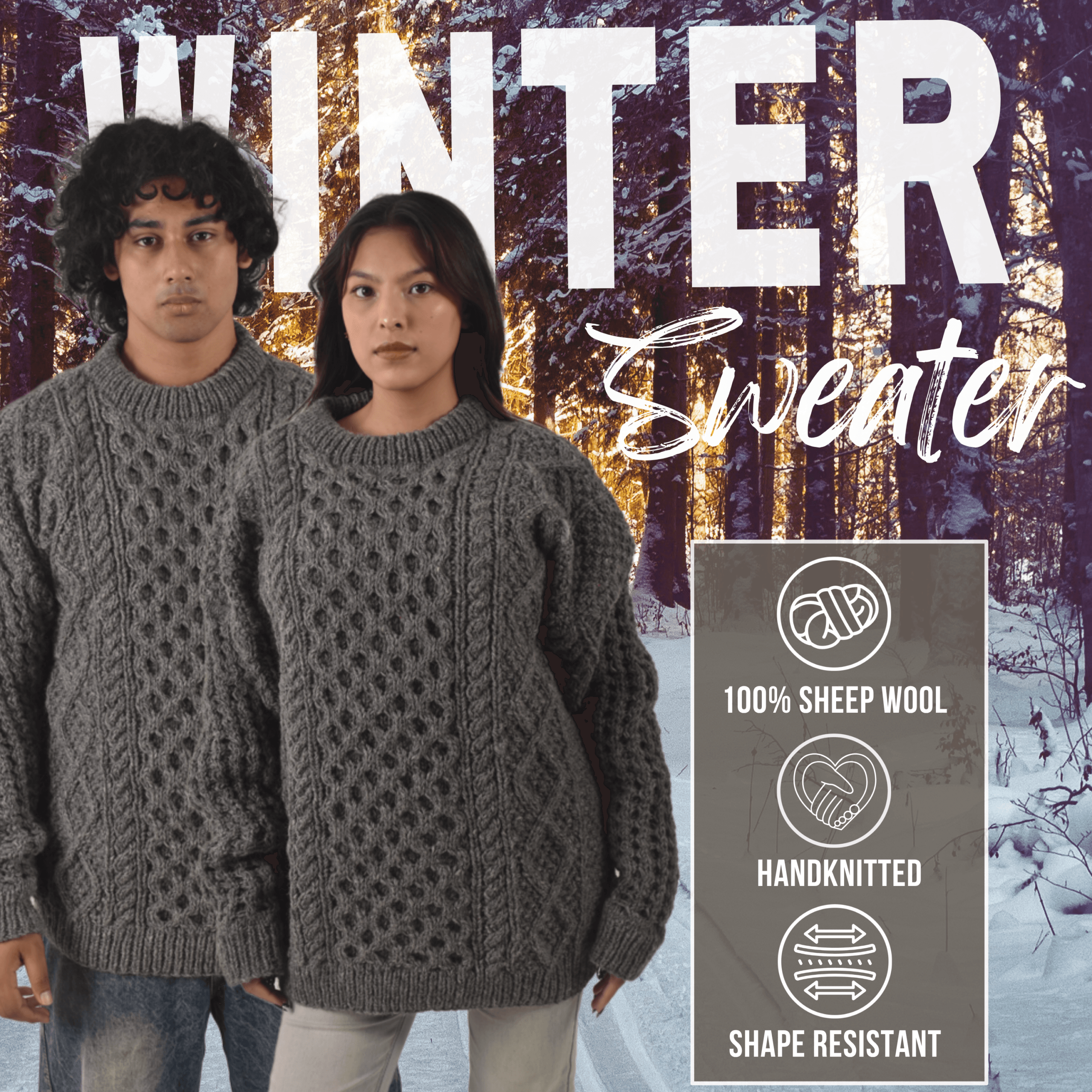 Handknit 100%Sheep Wool Cable Knit Sweater For Men & Women - Nepal Unisex Crewneck Aran Fisherman Woolen Pullover - Dark Grey - Image 7