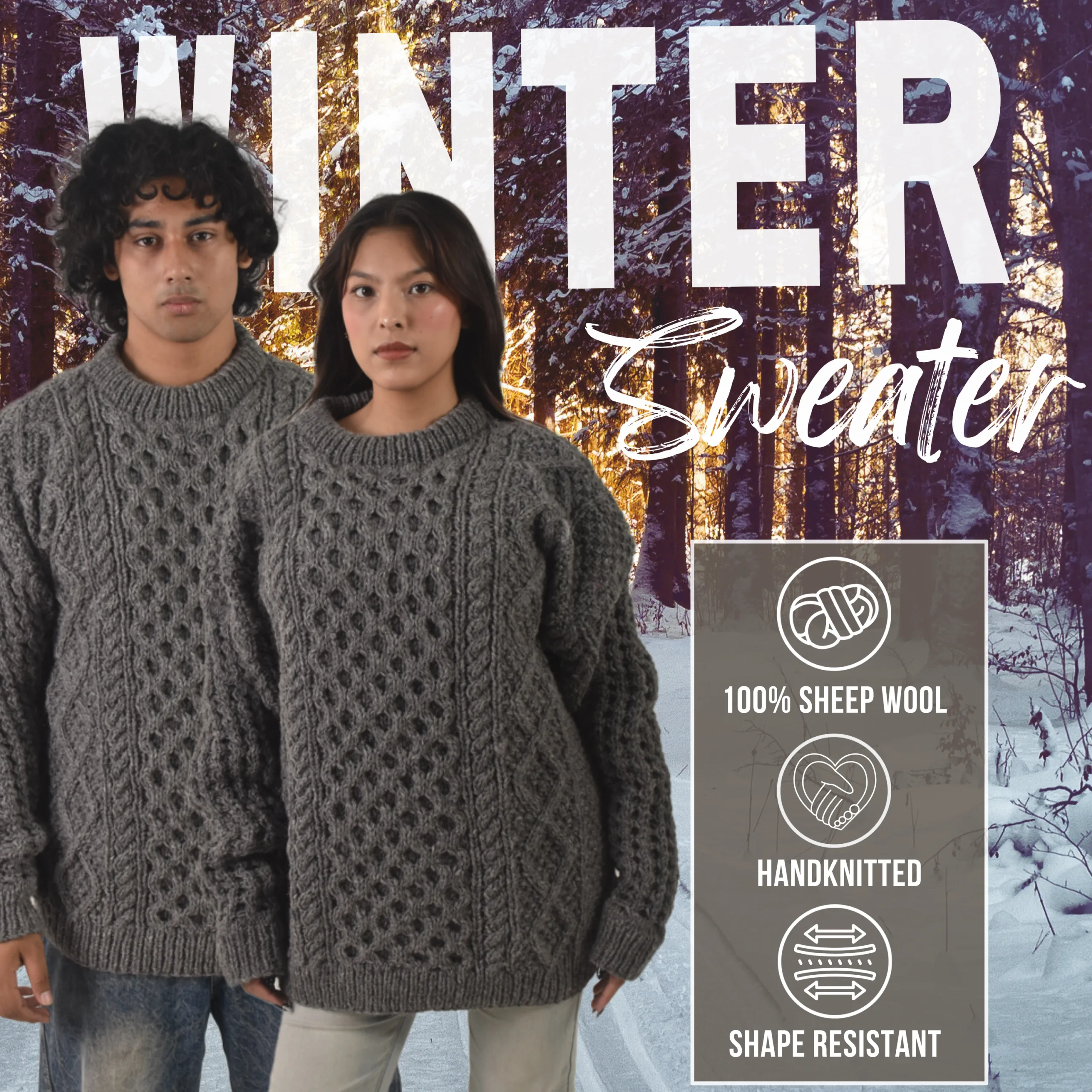 Handknit 100%Sheep Wool Cable Knit Sweater For Men & Women - Nepal Unisex Crewneck Aran Fisherman Woolen Pullover - Dark Grey - Image 7