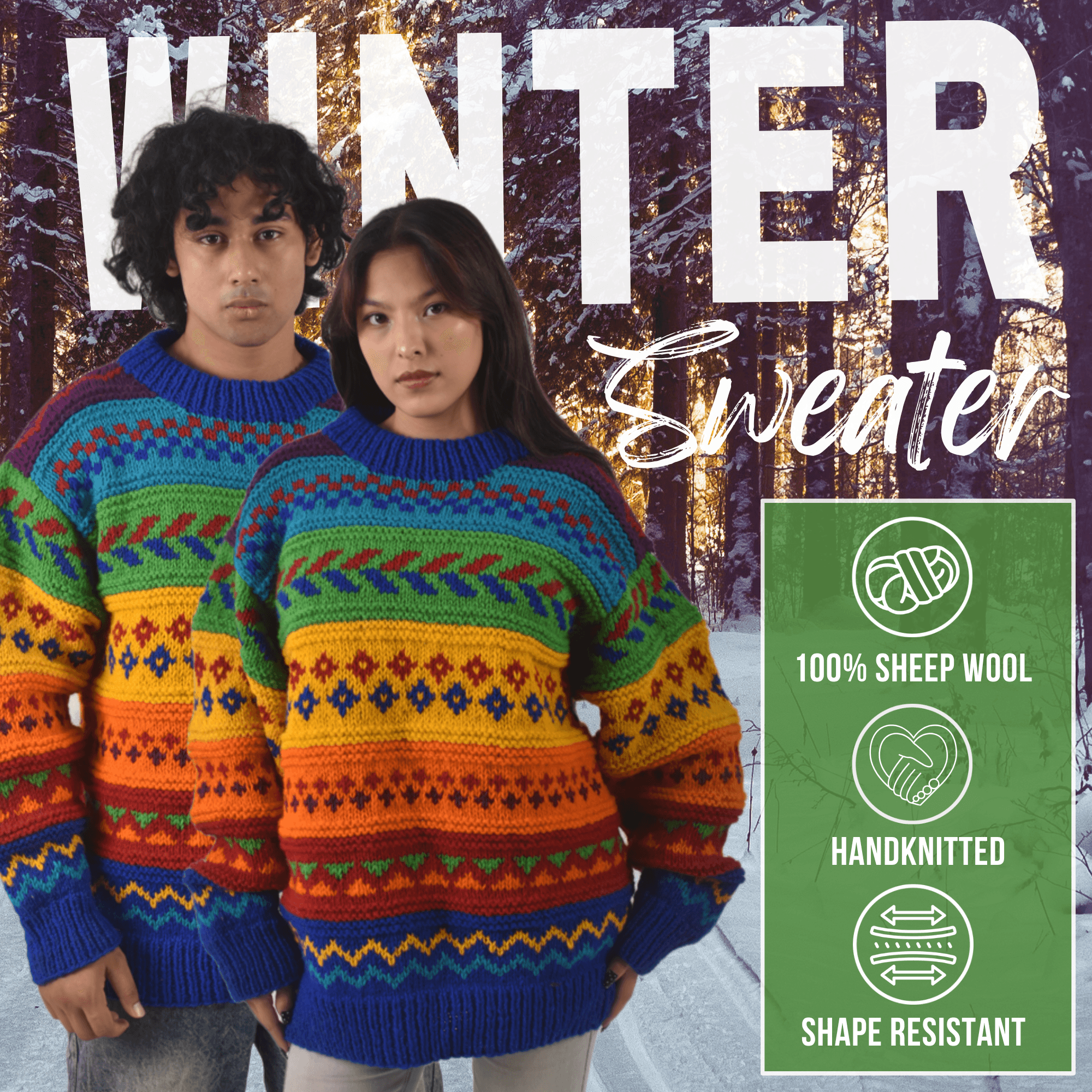 100% Sheep Wool Fair Isle Sweater For Men & Women - Nepal Crewneck Rainbow Woolen Pullover - Image 8