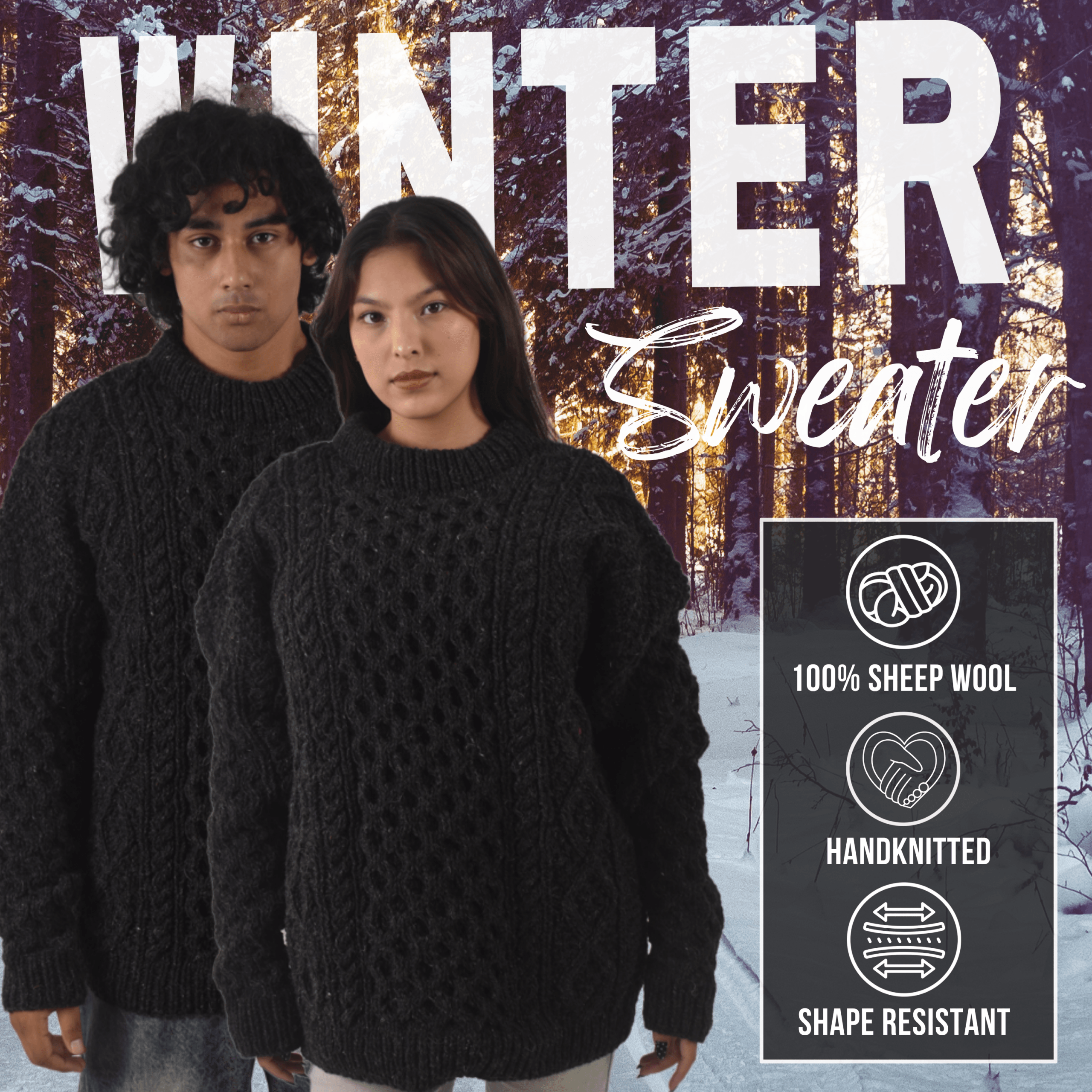Handknit 100% Sheep Wool Aran Sweater For Men & Women - Nepal Unisex Crewneck Cable Knit Fisherman Woolen Pullover - Black - Image 8