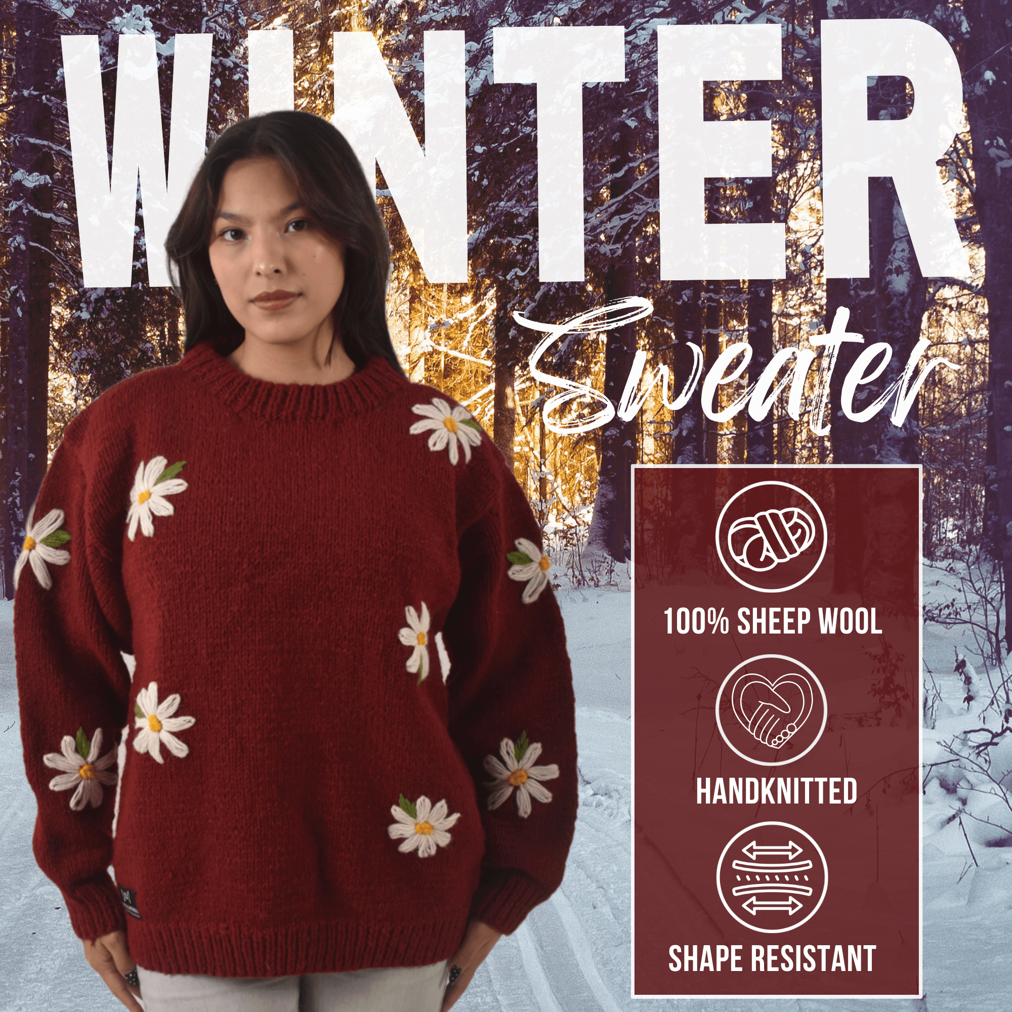 100% Wool Pullover Sweater For Women - Maroon Floral Crewneck Design - Made in Nepal - Image 5