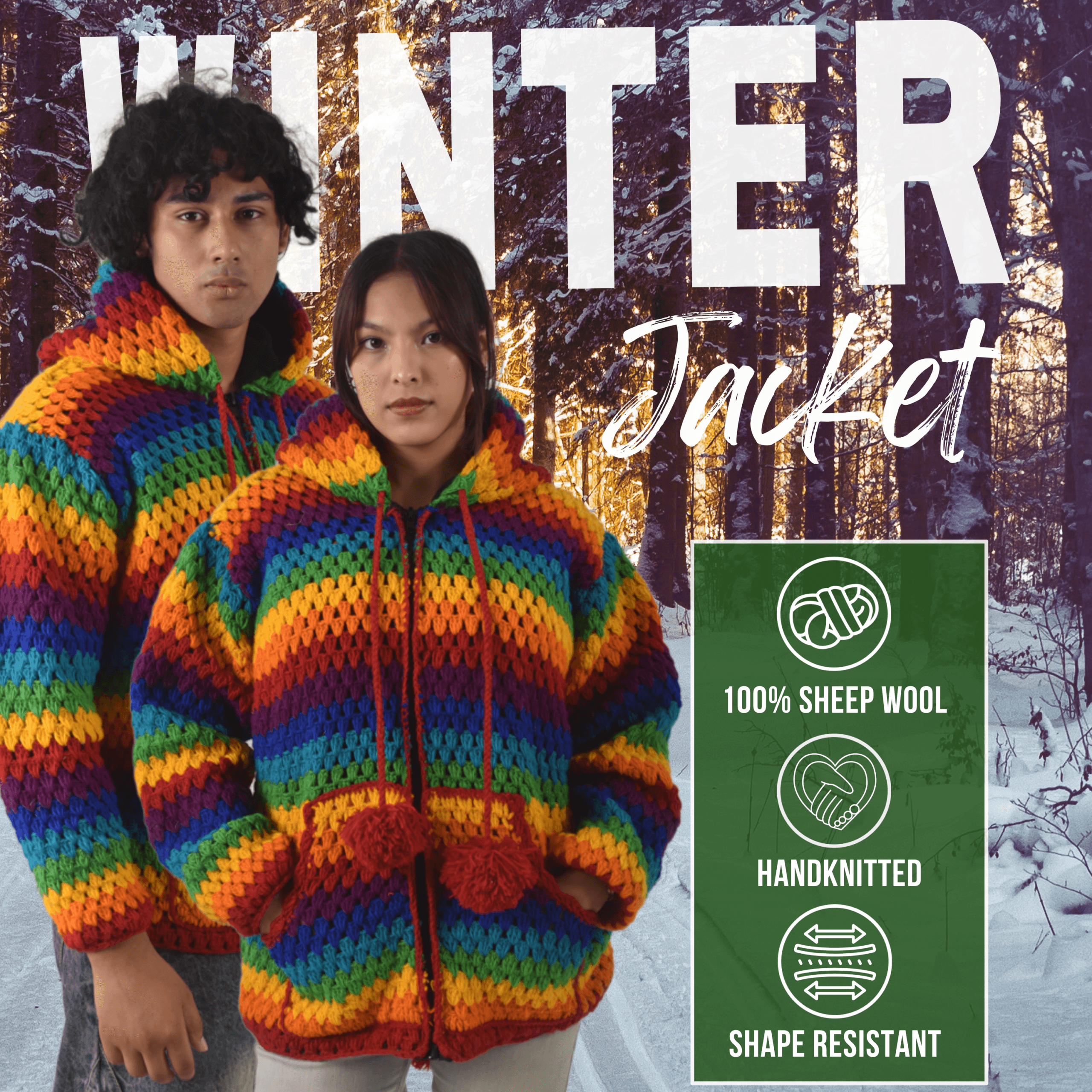 Unisex Rainbow Winter Woolen Crochet Sweater - Nepal Handknit 100% Sheep Wool Jacket For Men & Women - Image 9