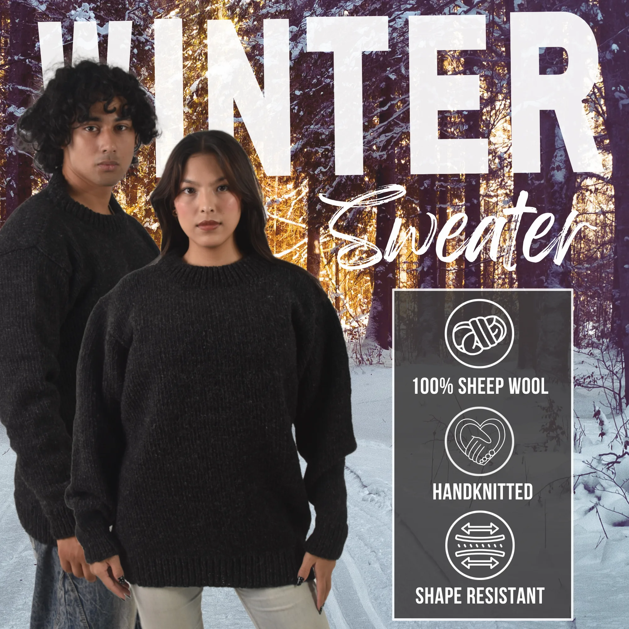 100% Wool Pullover Sweater For Men & Women - Black Unisex Crewneck Design - Made in Nepal - Image 8