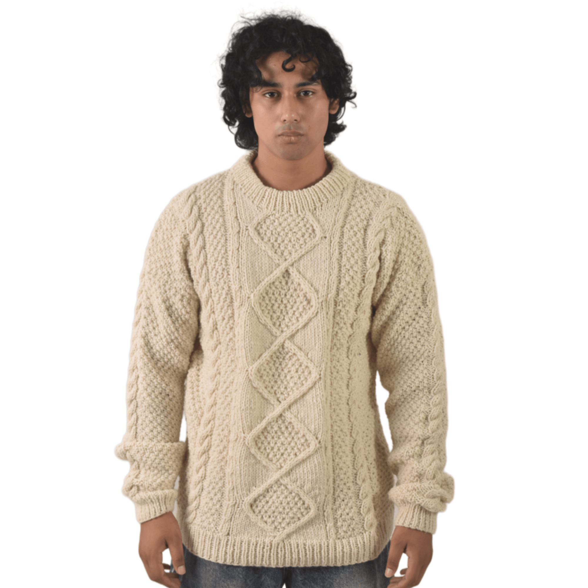 Handknit 100% Sheep Wool Aran Sweater For Men & Women - Nepal Unisex Crewneck Cable Knit Fisherman Woolen Pullover - Beige - Image 3