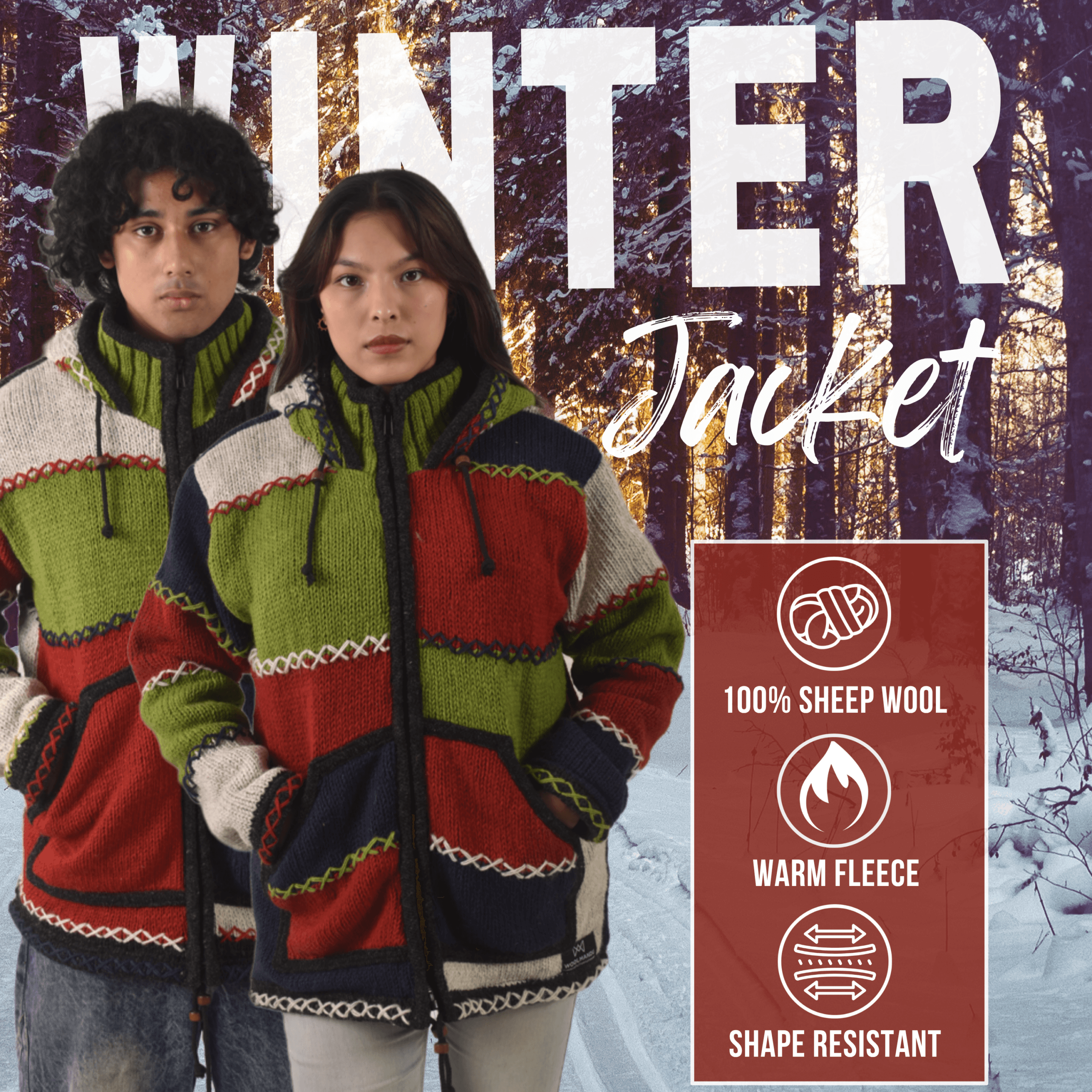 100% Wool Jacket For Women & Men - Unisex Patchwork Multicolor Fleece Lined - Made in Nepal - Image 10