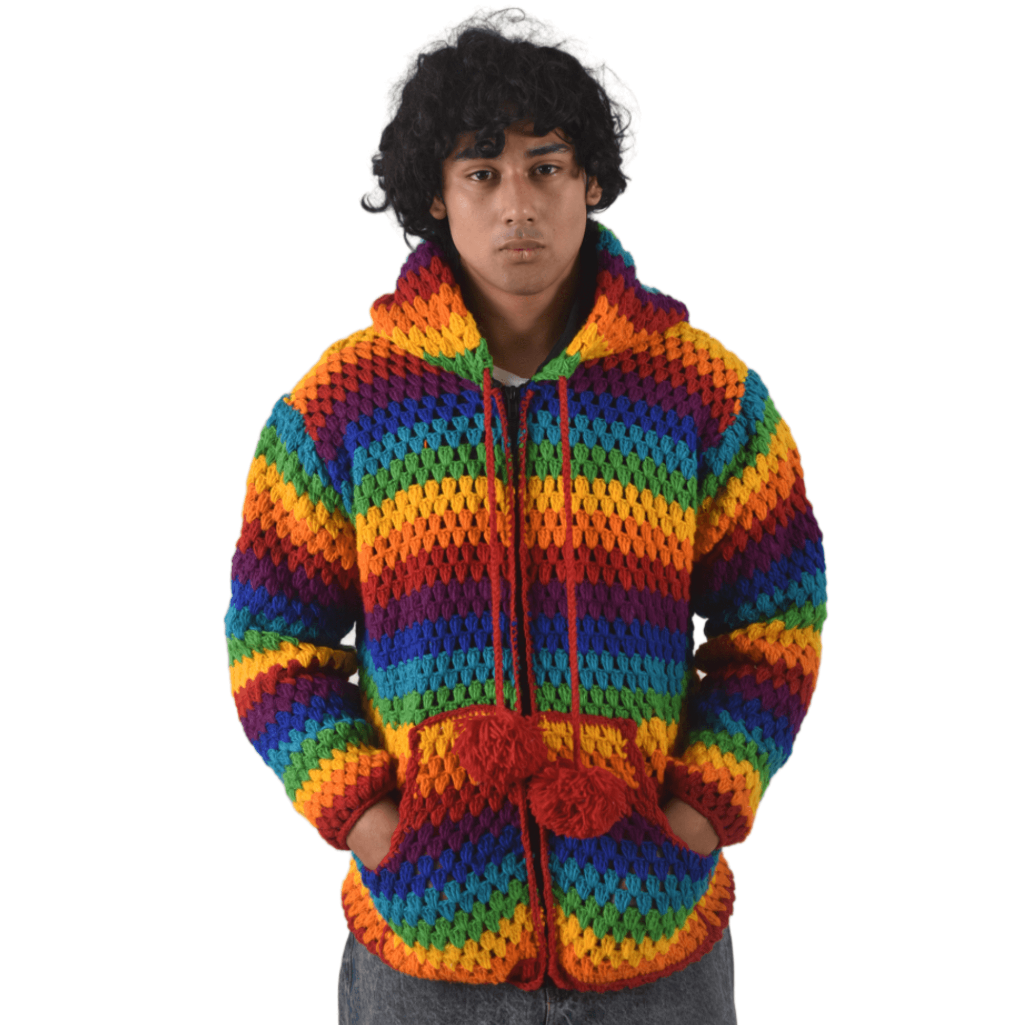 Unisex Rainbow Winter Woolen Crochet Sweater - Nepal Handknit 100% Sheep Wool Jacket For Men & Women - Image 4
