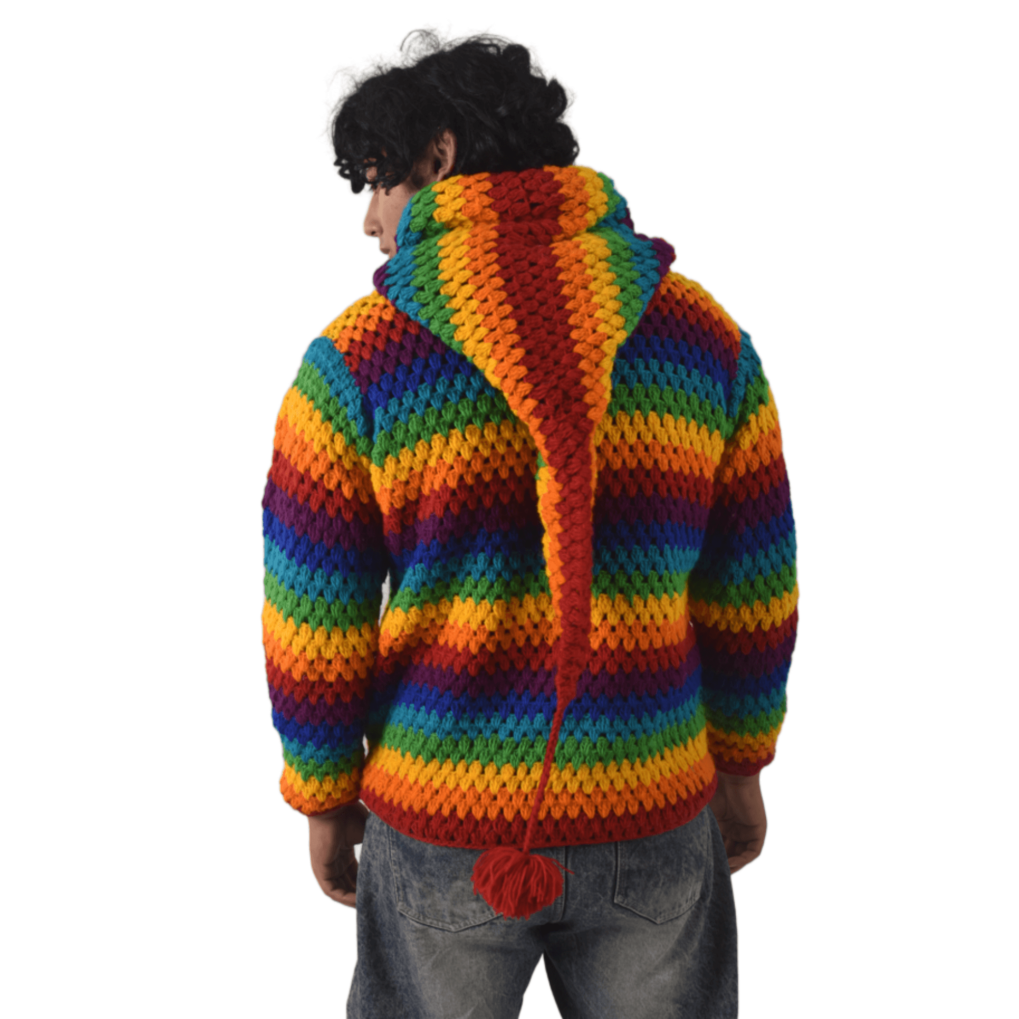 Unisex Rainbow Winter Woolen Crochet Sweater - Nepal Handknit 100% Sheep Wool Jacket For Men & Women - Image 6