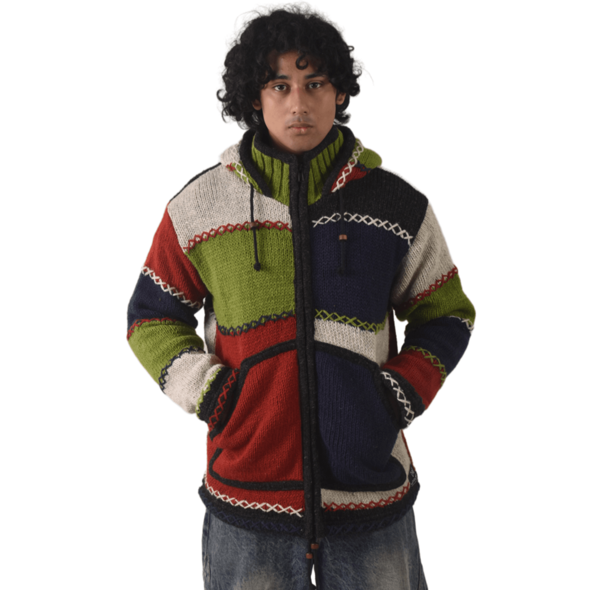 100% Wool Jacket For Women & Men - Unisex Patchwork Multicolor Fleece Lined - Made in Nepal - Image 4