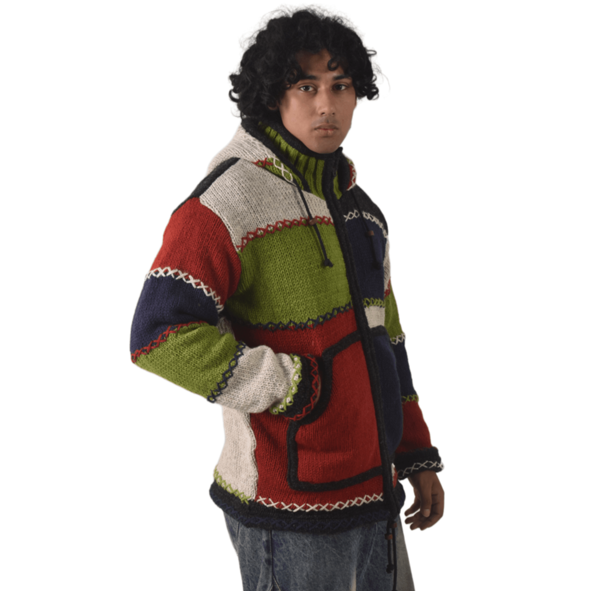 100% Wool Jacket For Women & Men - Unisex Patchwork Multicolor Fleece Lined - Made in Nepal - Image 5