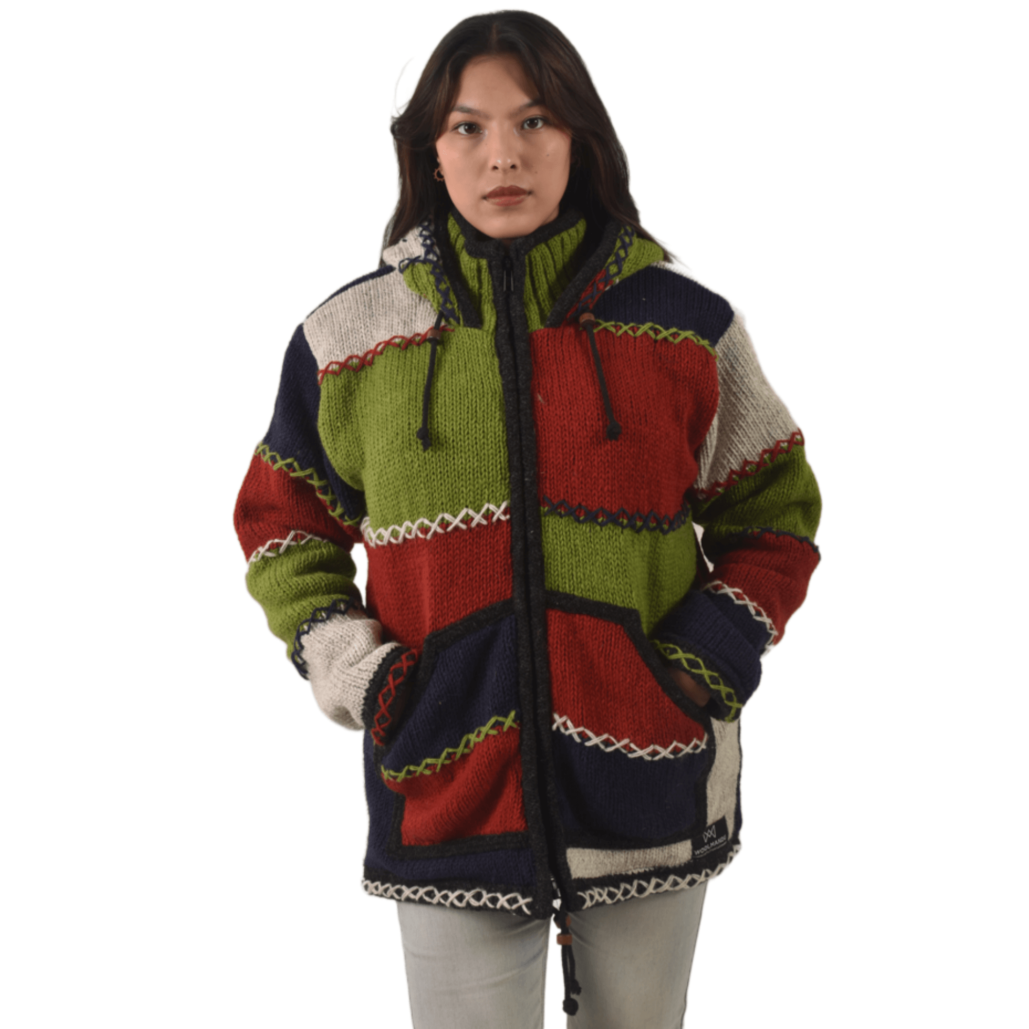 100% Wool Jacket For Women & Men - Unisex Patchwork Multicolor Fleece Lined - Made in Nepal - Image 3