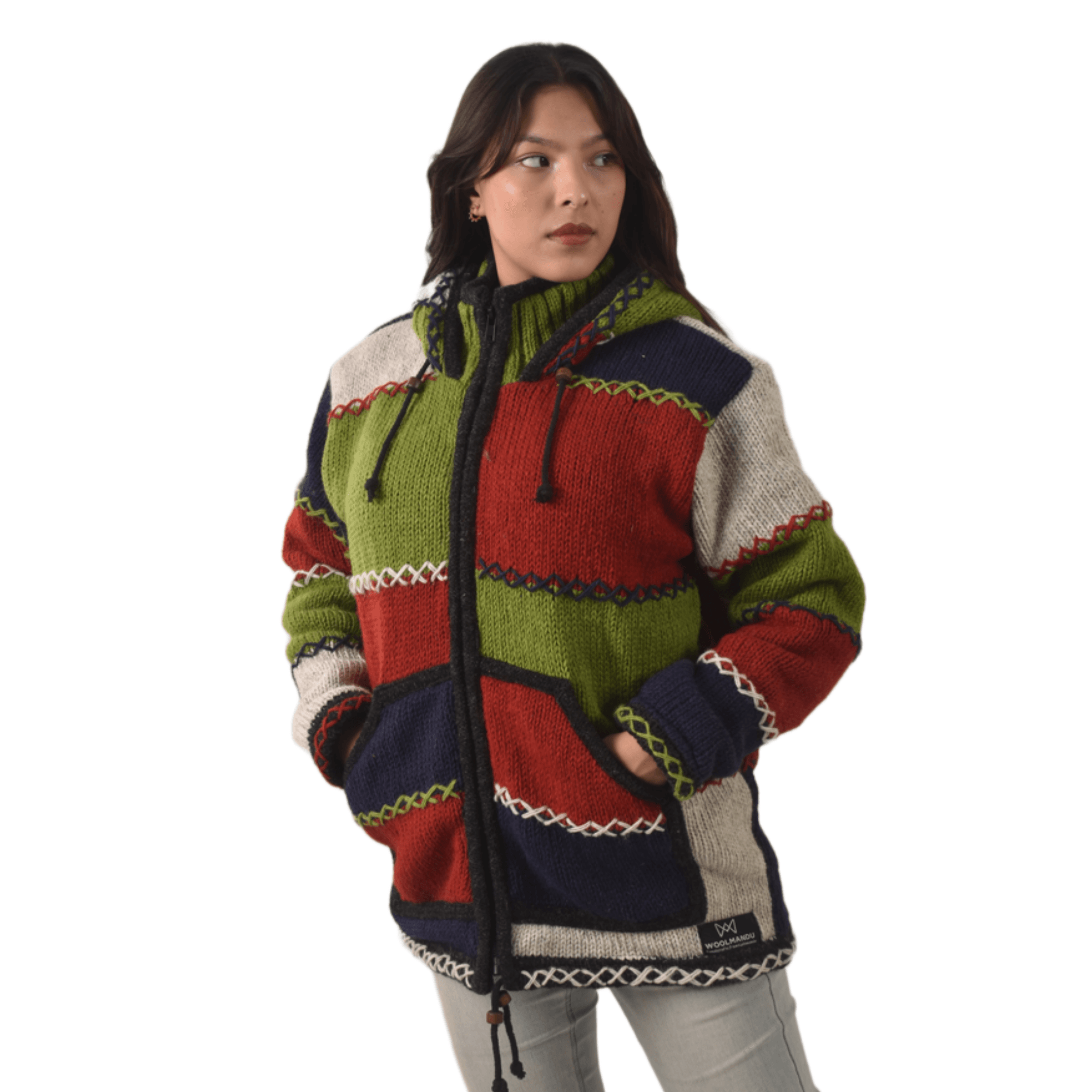 100% Wool Jacket For Women & Men - Unisex Patchwork Multicolor Fleece Lined - Made in Nepal - Image 6