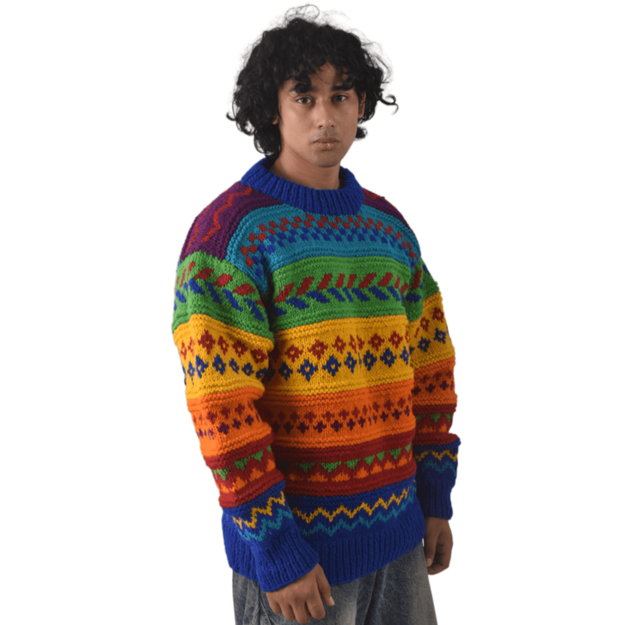 100% Sheep Wool Fair Isle Sweater For Men & Women - Nepal Crewneck Rainbow Woolen Pullover - Image 4