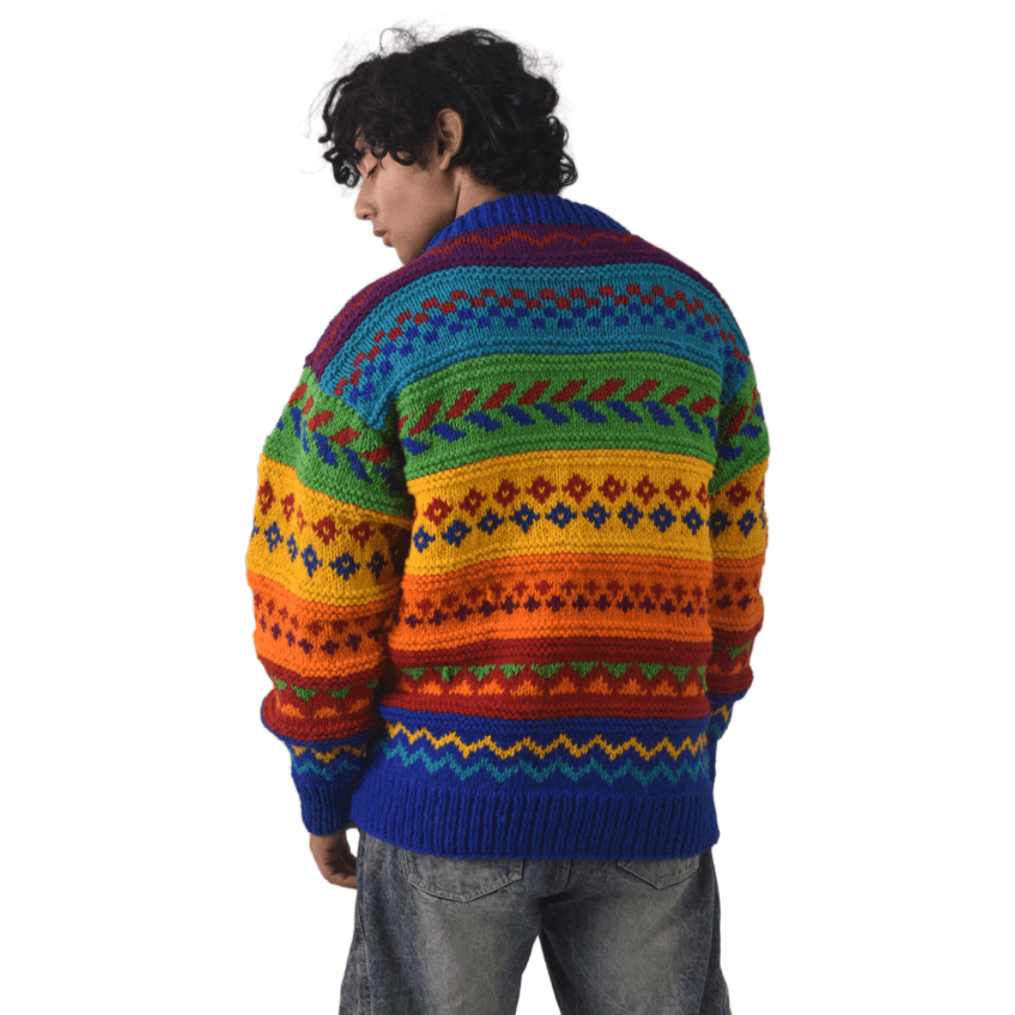 100% Sheep Wool Fair Isle Sweater For Men & Women - Nepal Crewneck Rainbow Woolen Pullover - Image 6
