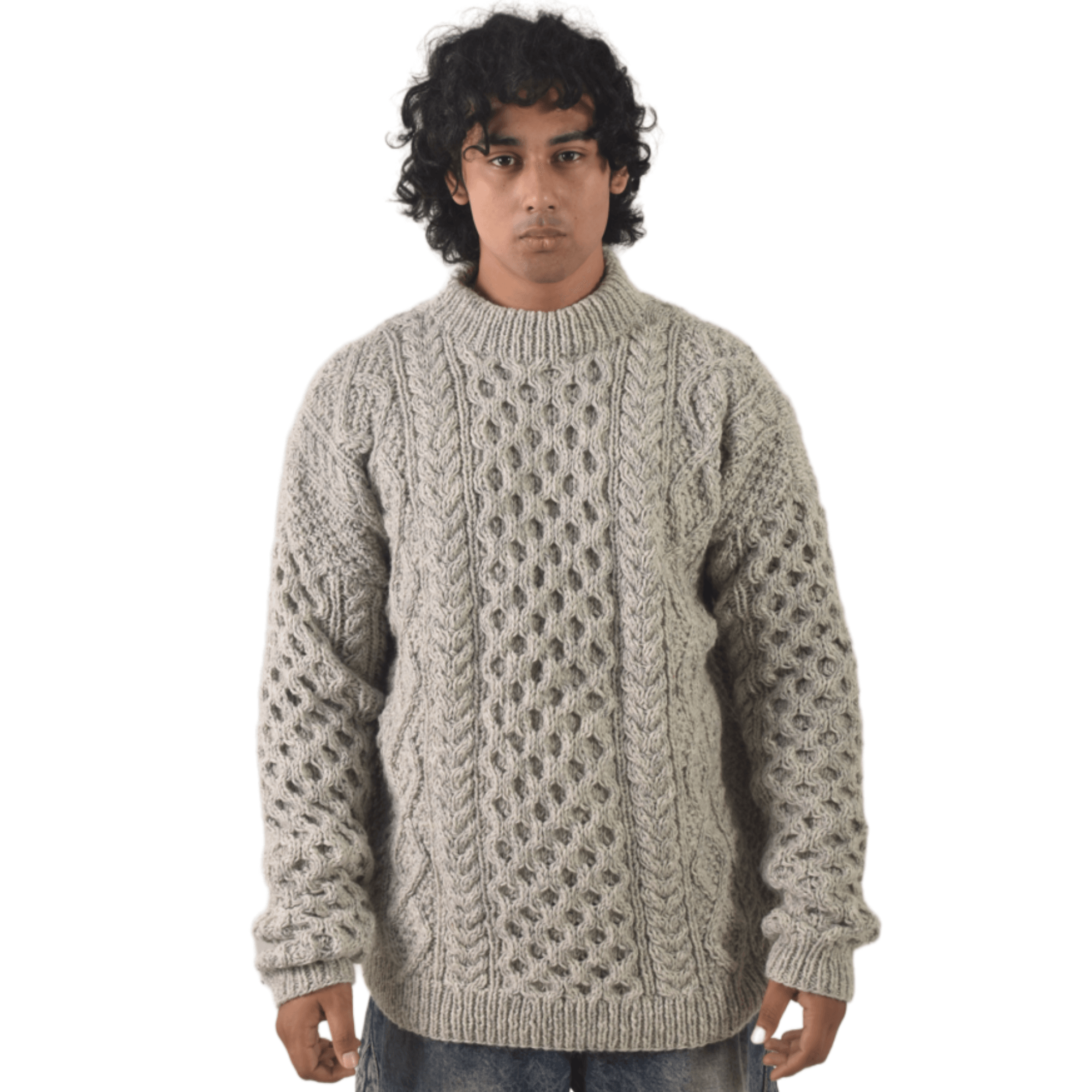 Handknit 100%Sheep Wool Cable Knit Sweater For Men & Women - Nepal Unisex Crewneck Aran Fisherman Woolen Pullover - Light Grey - Image 3