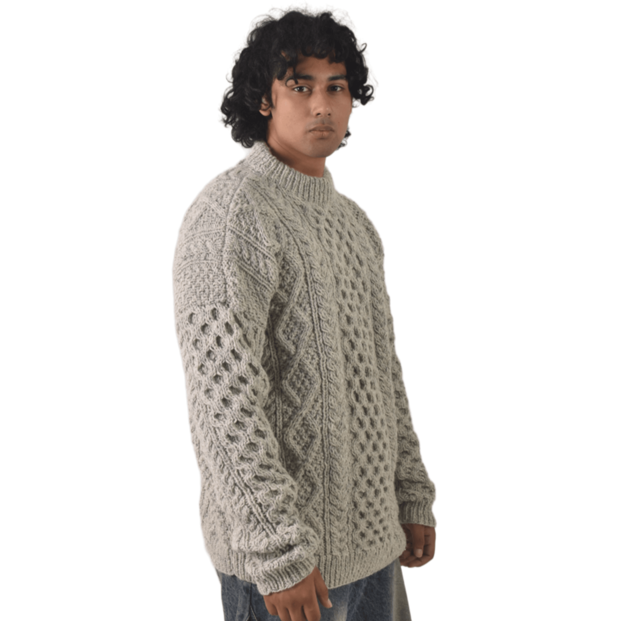 Handknit 100%Sheep Wool Cable Knit Sweater For Men & Women - Nepal Unisex Crewneck Aran Fisherman Woolen Pullover - Light Grey - Image 5