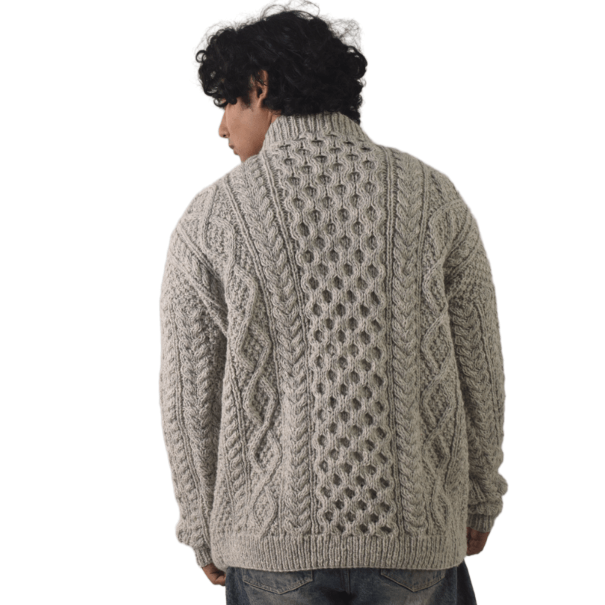 Handknit 100%Sheep Wool Cable Knit Sweater For Men & Women - Nepal Unisex Crewneck Aran Fisherman Woolen Pullover - Light Grey - Image 7
