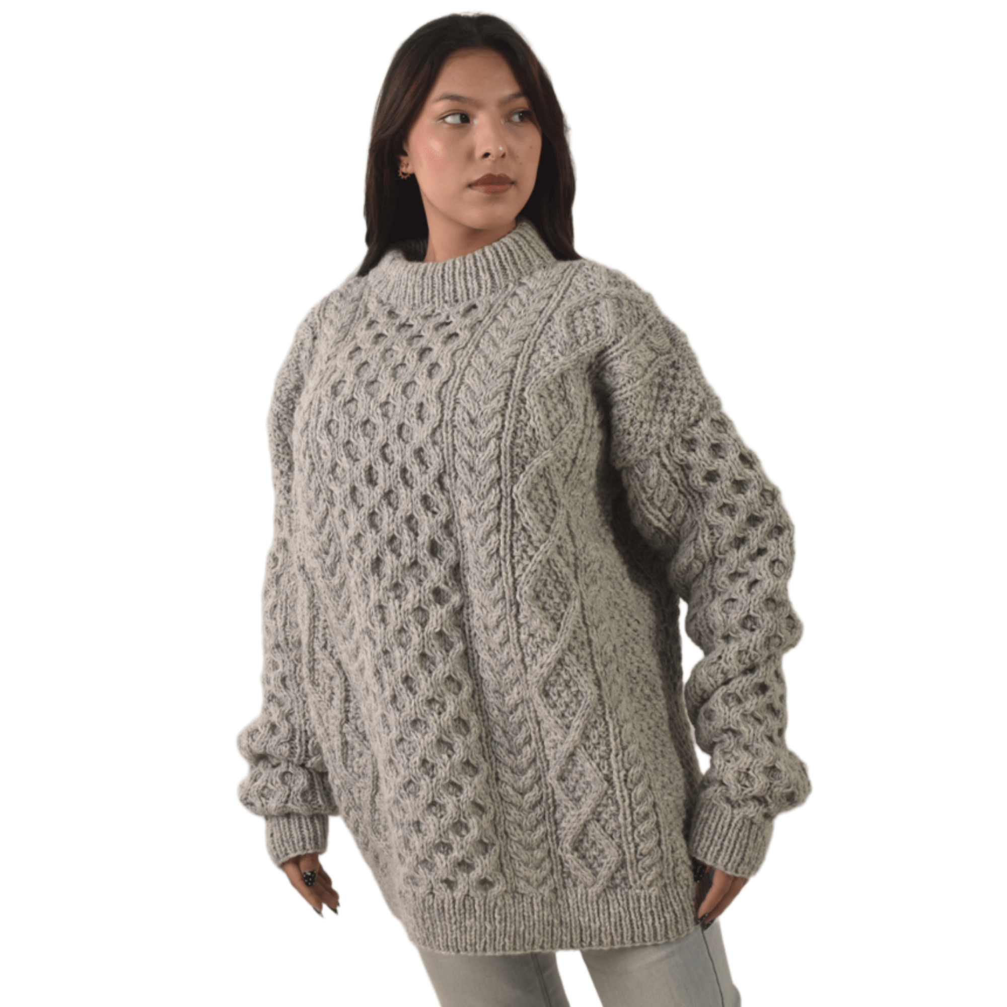 Handknit 100%Sheep Wool Cable Knit Sweater For Men & Women - Nepal Unisex Crewneck Aran Fisherman Woolen Pullover - Light Grey - Image 4