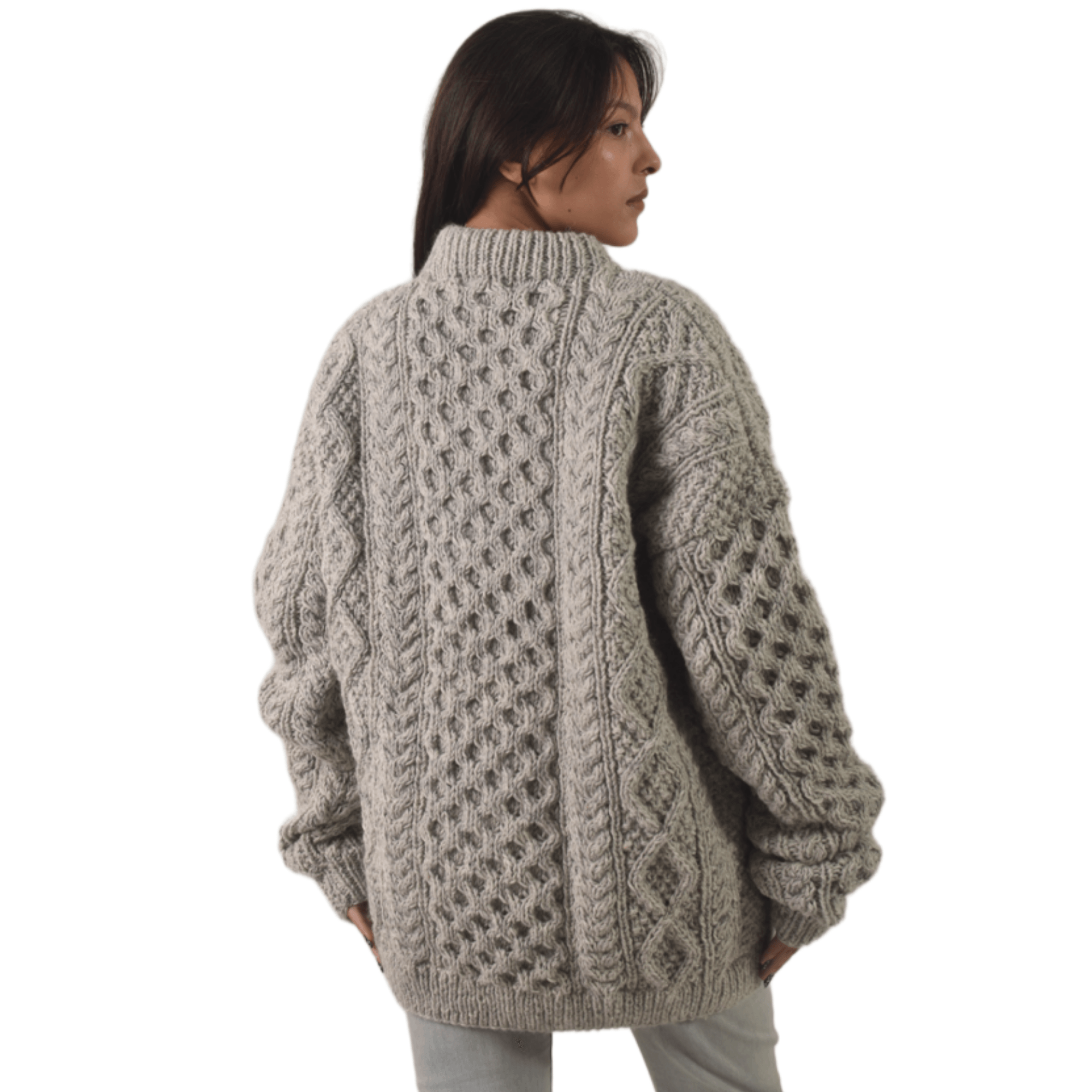Handknit 100%Sheep Wool Cable Knit Sweater For Men & Women - Nepal Unisex Crewneck Aran Fisherman Woolen Pullover - Light Grey - Image 6