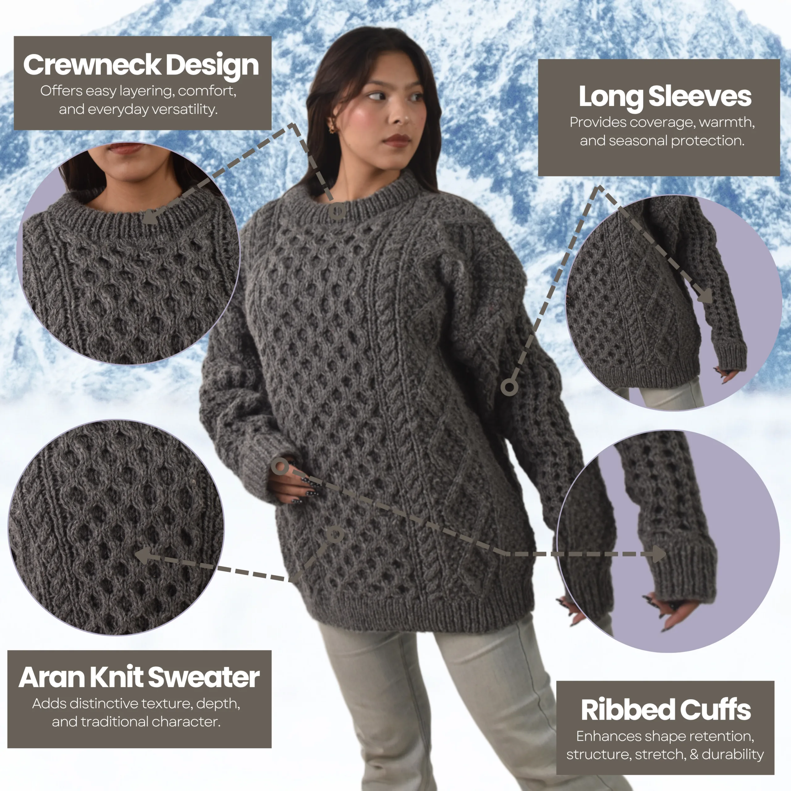 Handknit 100%Sheep Wool Cable Knit Sweater For Men & Women - Nepal Unisex Crewneck Aran Fisherman Woolen Pullover - Dark Grey - Image 8