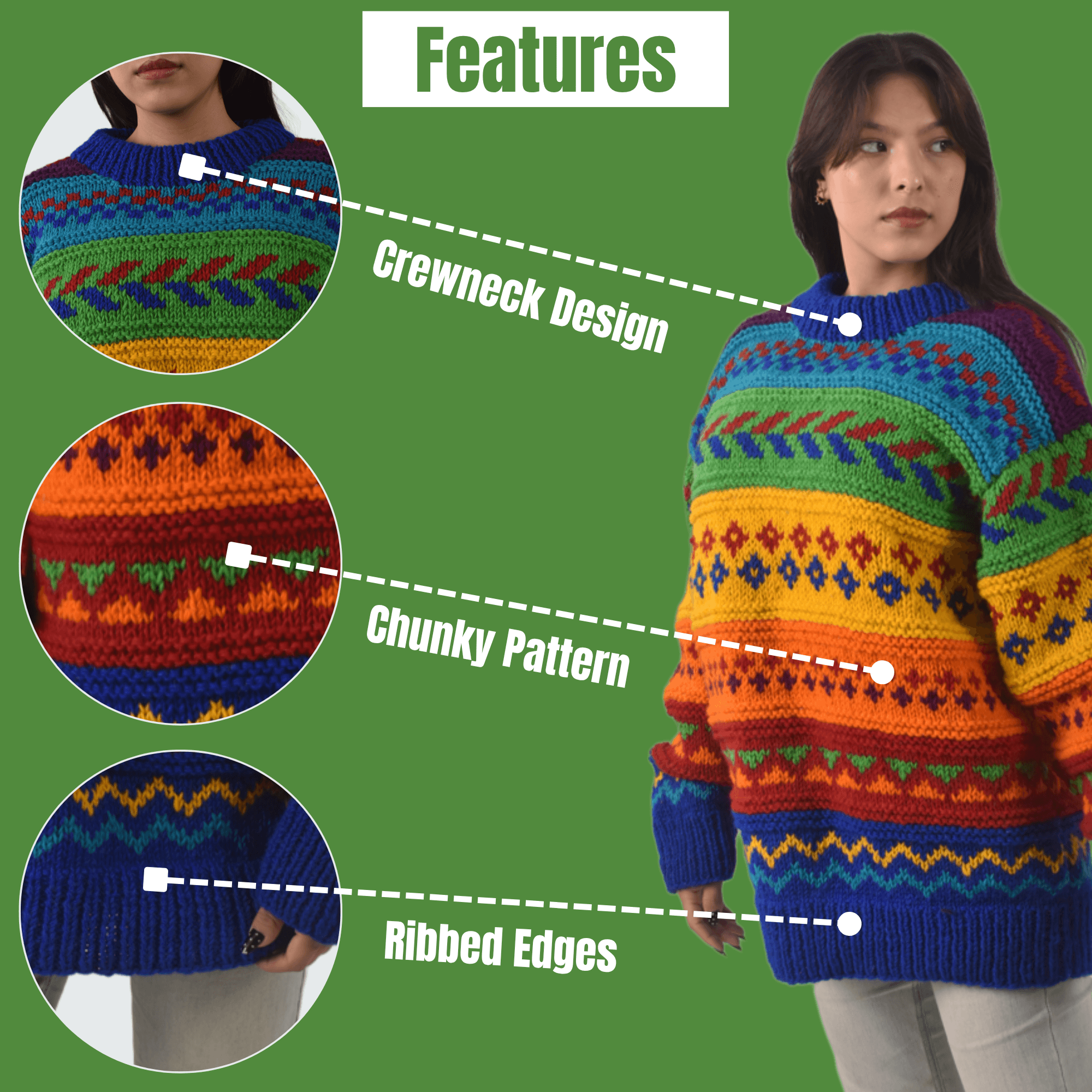 100% Sheep Wool Fair Isle Sweater For Men & Women - Nepal Crewneck Rainbow Woolen Pullover - Image 9