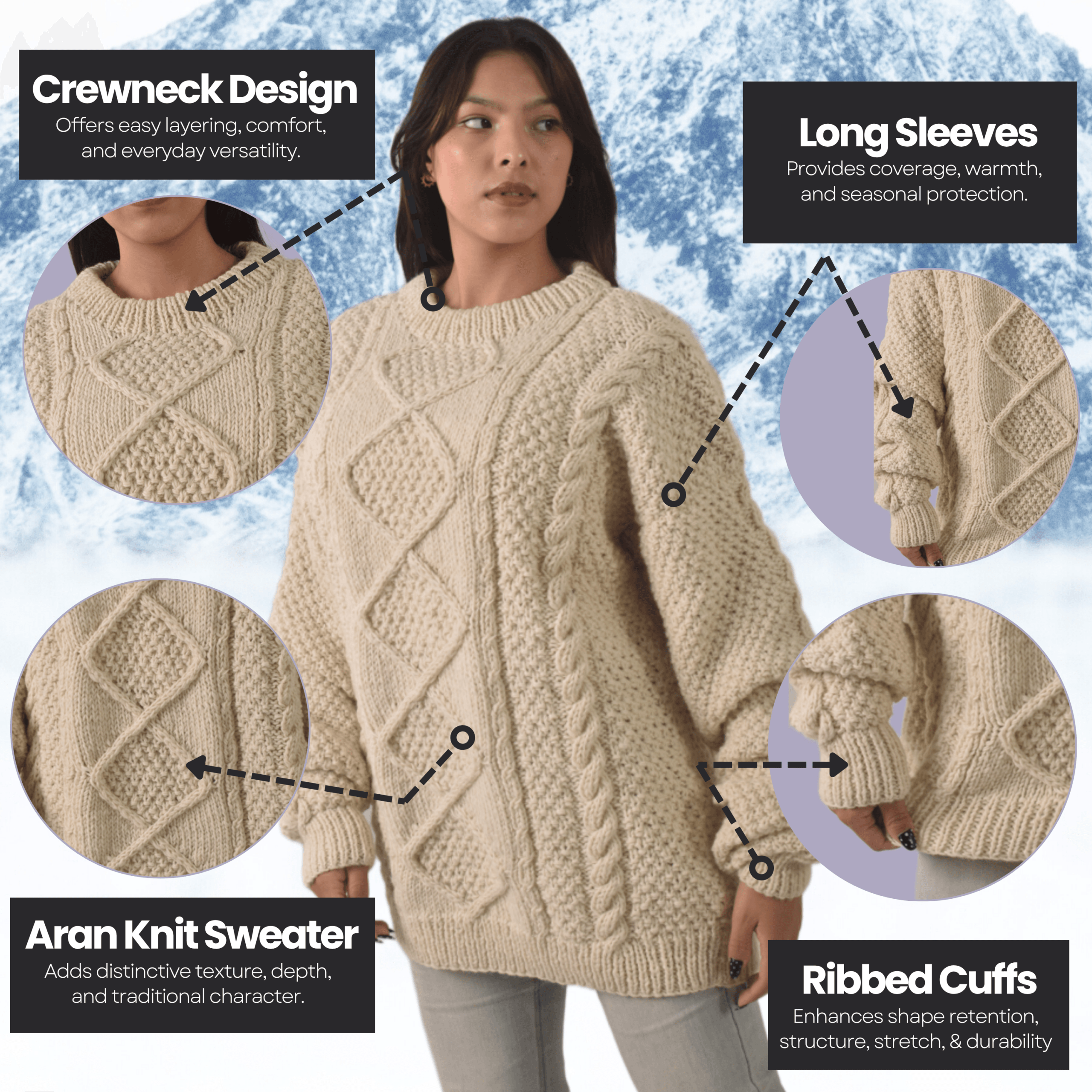 Handknit 100% Sheep Wool Aran Sweater For Men & Women - Nepal Unisex Crewneck Cable Knit Fisherman Woolen Pullover - Beige - Image 9