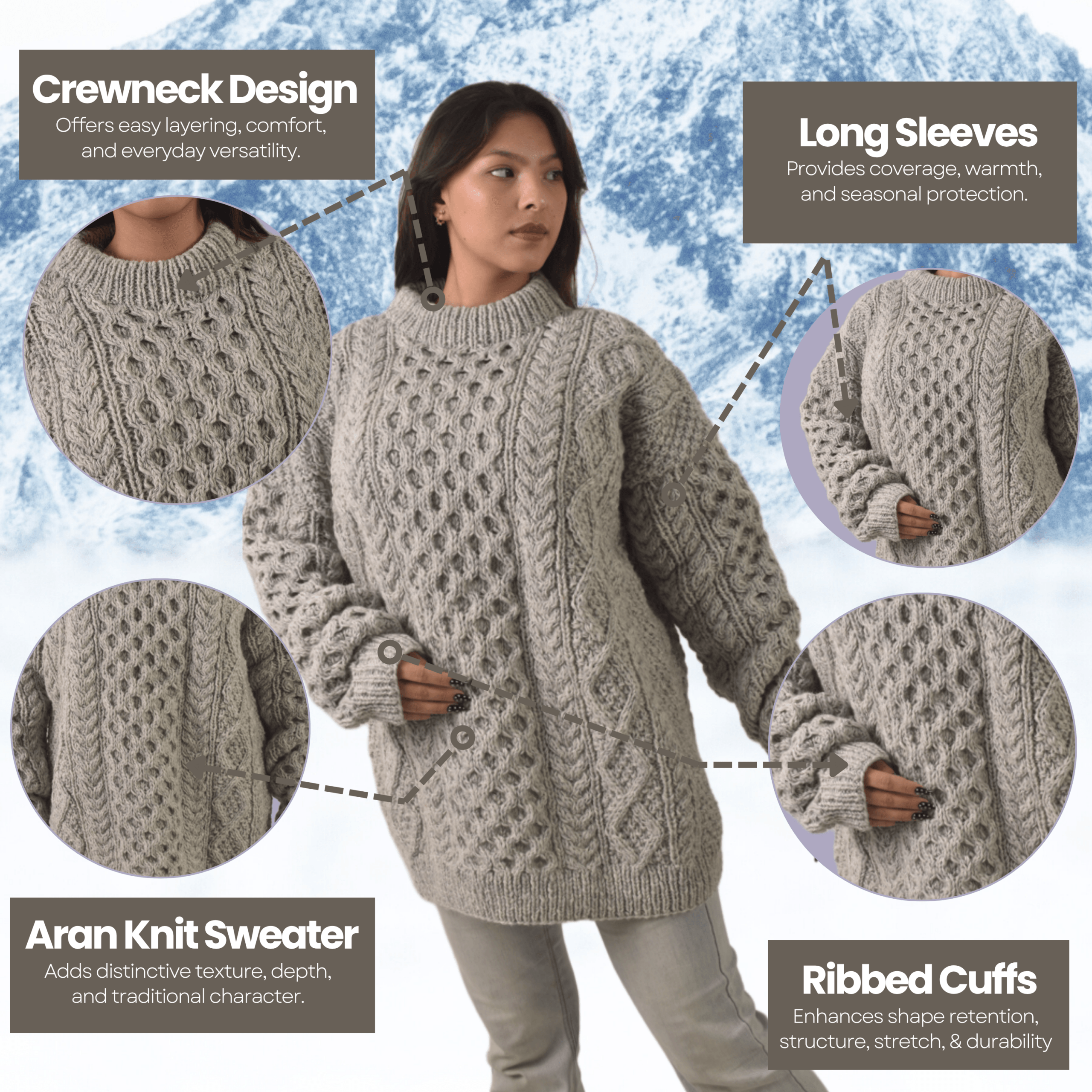 Handknit 100%Sheep Wool Cable Knit Sweater For Men & Women - Nepal Unisex Crewneck Aran Fisherman Woolen Pullover - Light Grey - Image 9