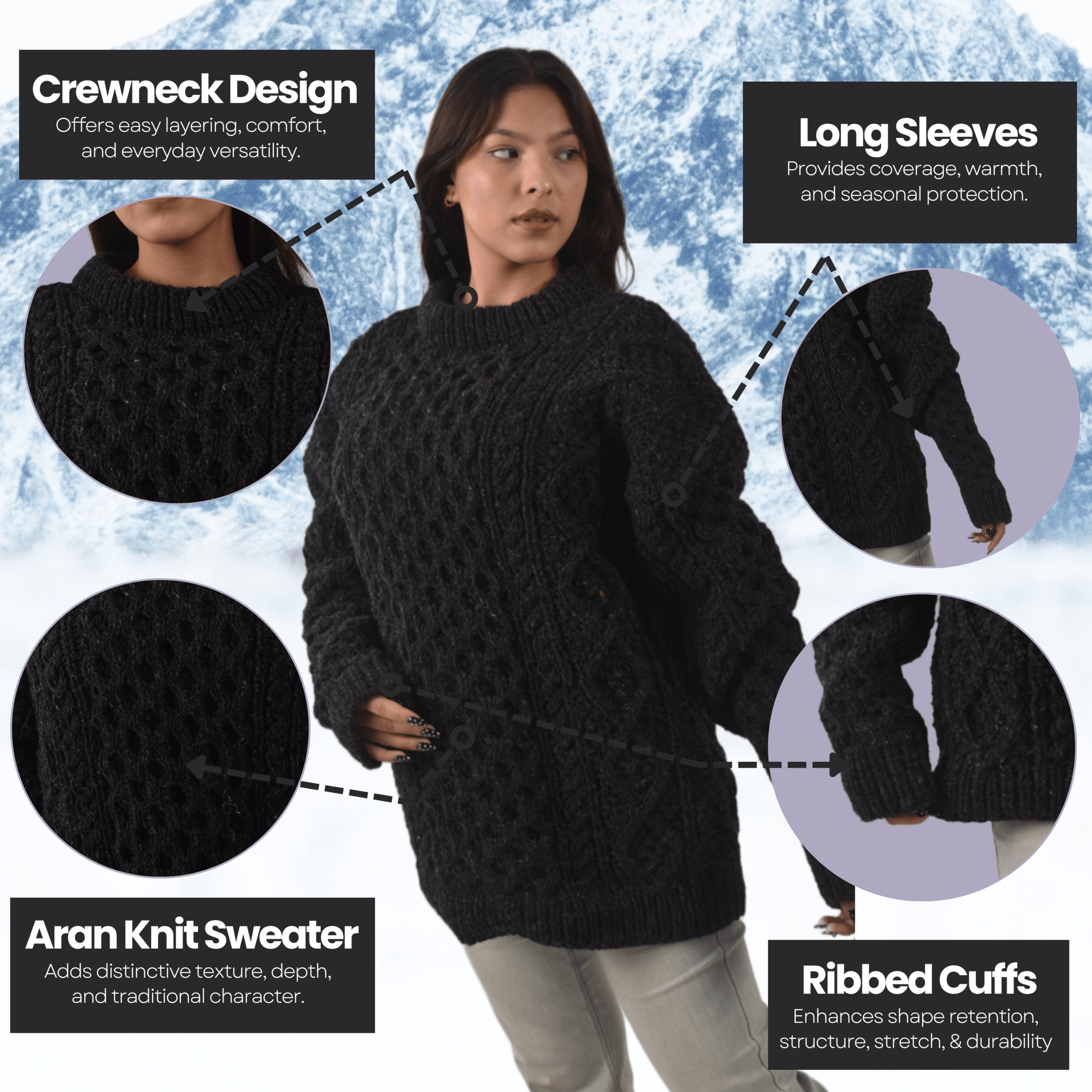 Handknit 100% Sheep Wool Aran Sweater For Men & Women - Nepal Unisex Crewneck Cable Knit Fisherman Woolen Pullover - Black - Image 9