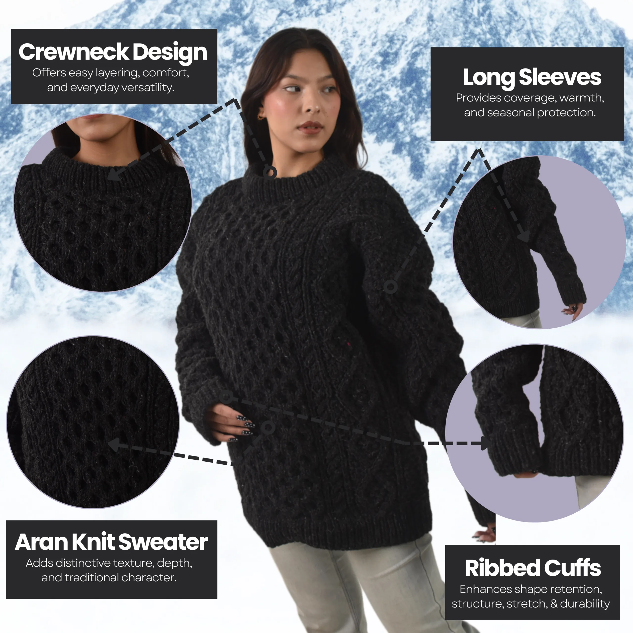 Handknit 100% Sheep Wool Aran Sweater For Men & Women - Nepal Unisex Crewneck Cable Knit Fisherman Woolen Pullover - Black - Image 9