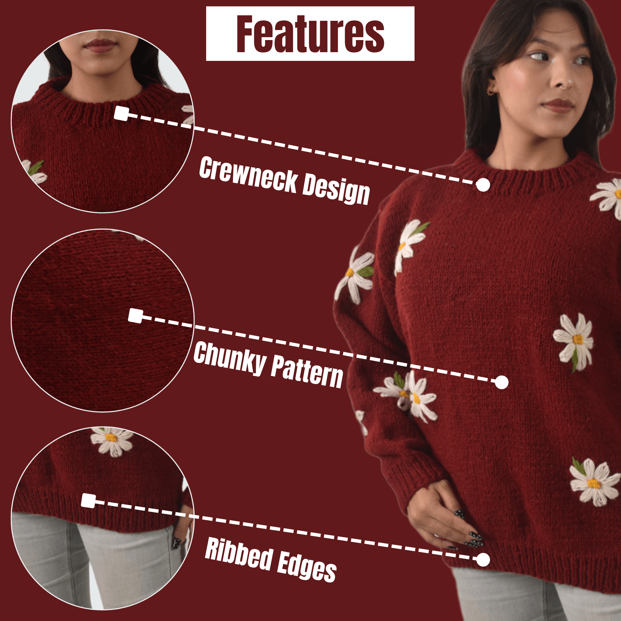100% Wool Pullover Sweater For Women - Maroon Floral Crewneck Design - Made in Nepal - Image 6
