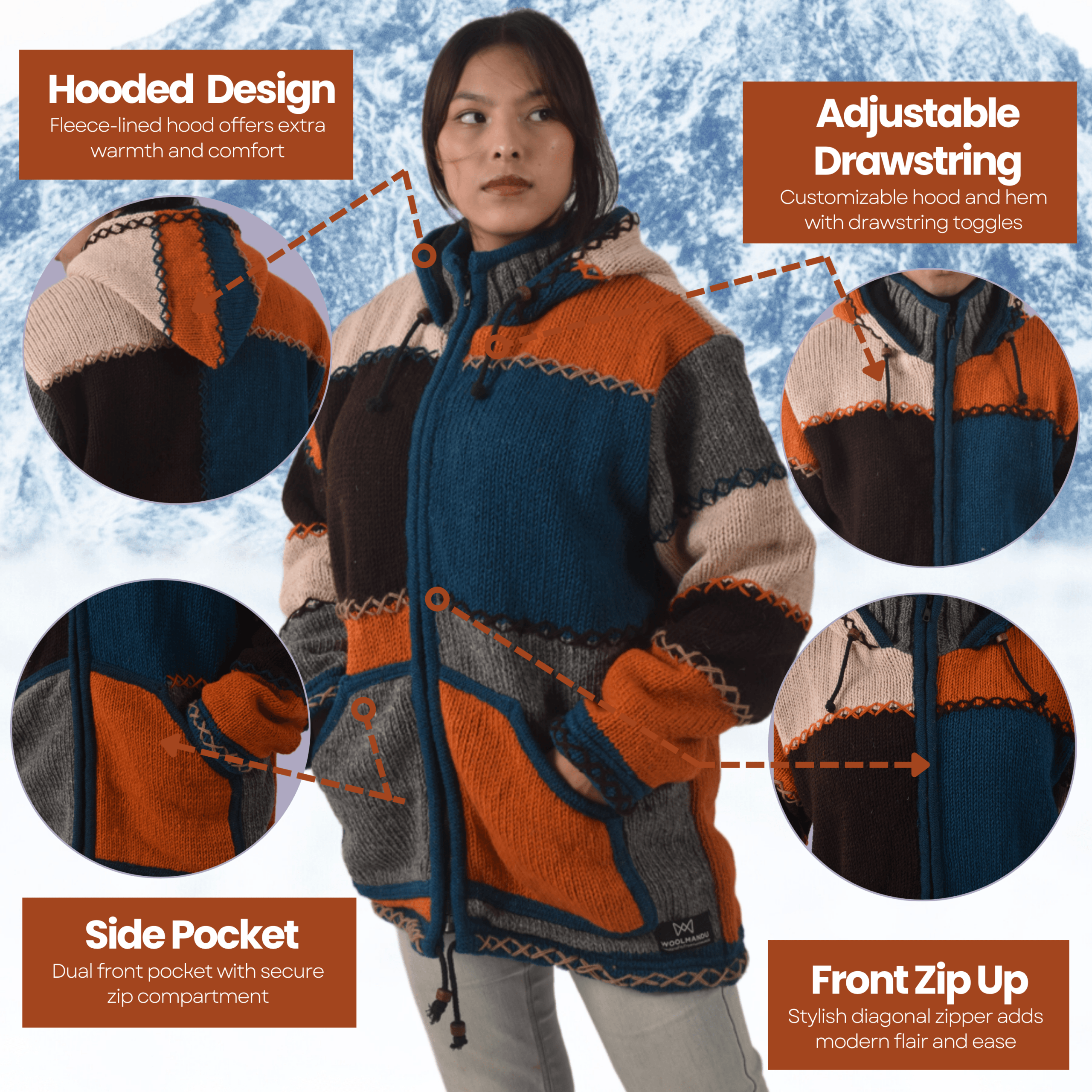 100% Wool Jacket For Women & Men - Unisex Multicolor Patchwork Fleece Lined - Made in Nepal - Image 11