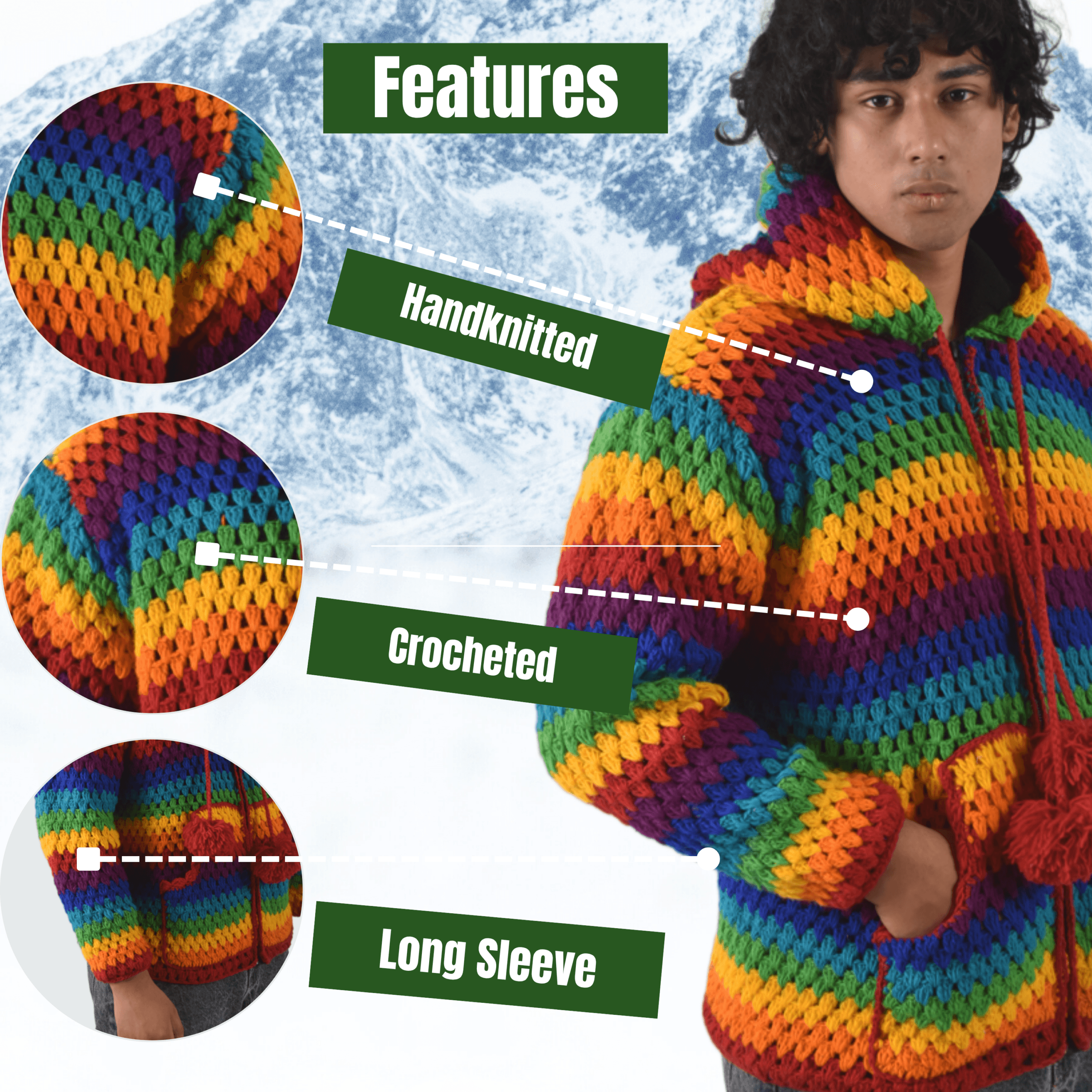 Unisex Rainbow Winter Woolen Crochet Sweater - Nepal Handknit 100% Sheep Wool Jacket For Men & Women - Image 10