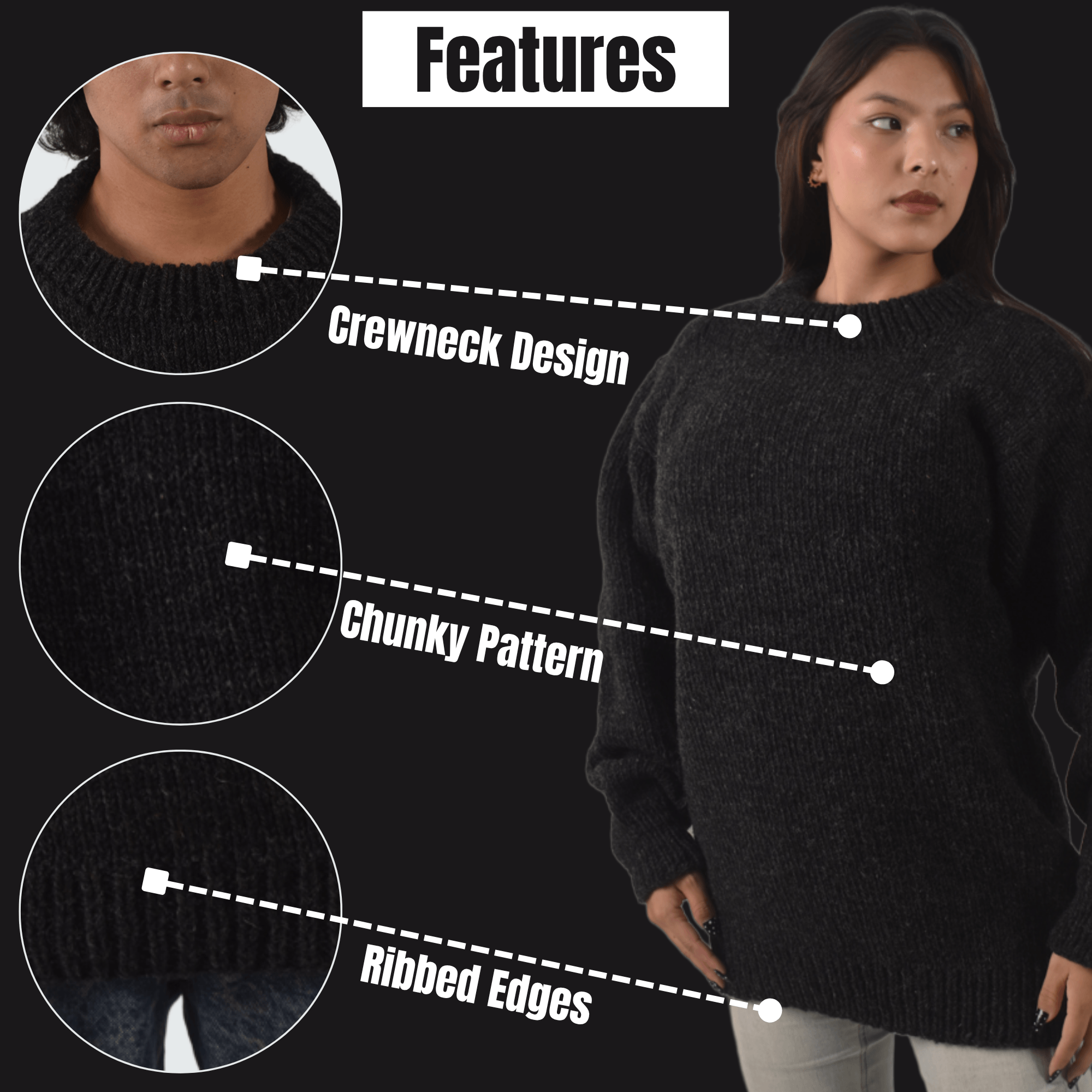 100% Wool Pullover Sweater For Men & Women - Black Unisex Crewneck Design - Made in Nepal - Image 9