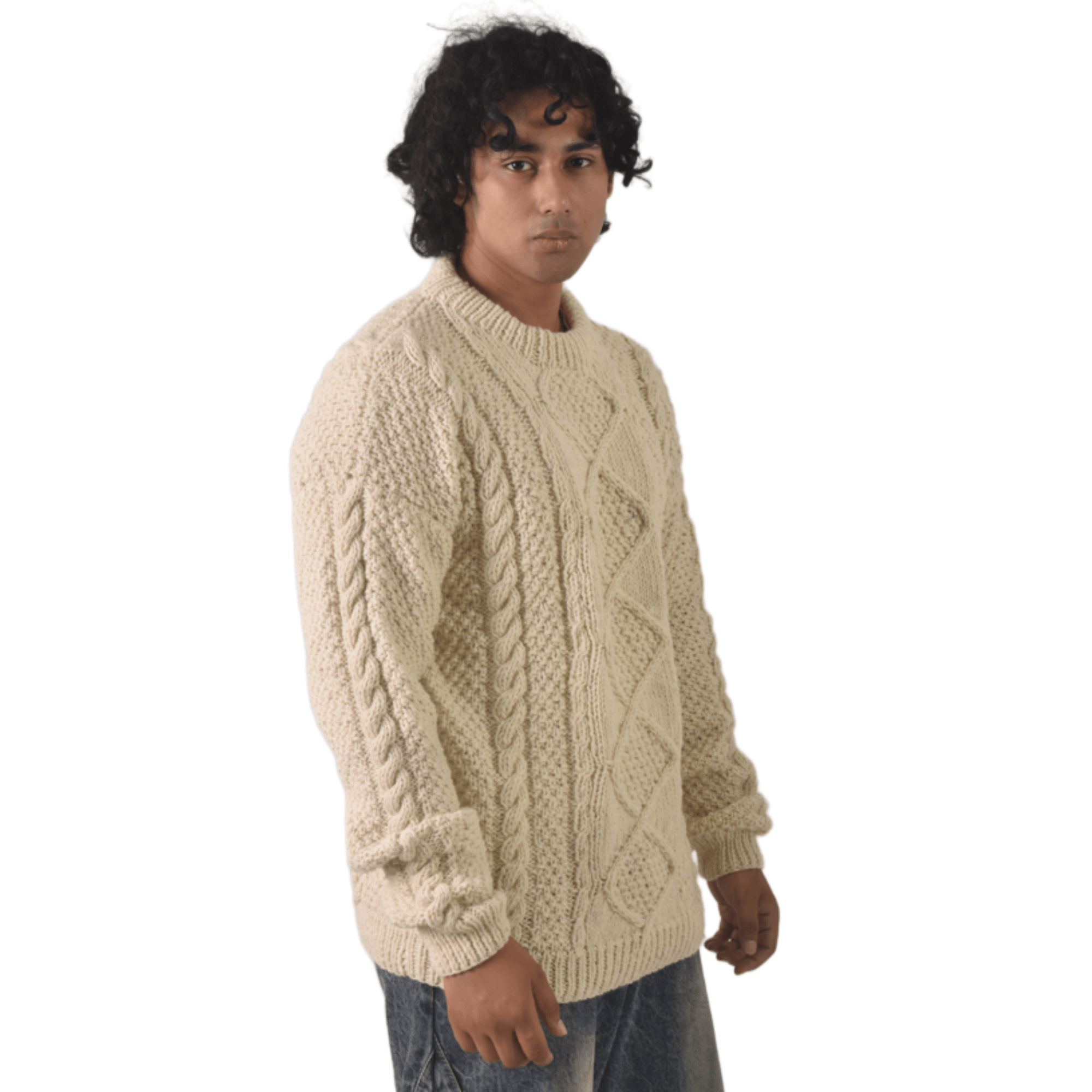 Handknit 100% Sheep Wool Aran Sweater For Men & Women - Nepal Unisex Crewneck Cable Knit Fisherman Woolen Pullover - Beige - Image 7