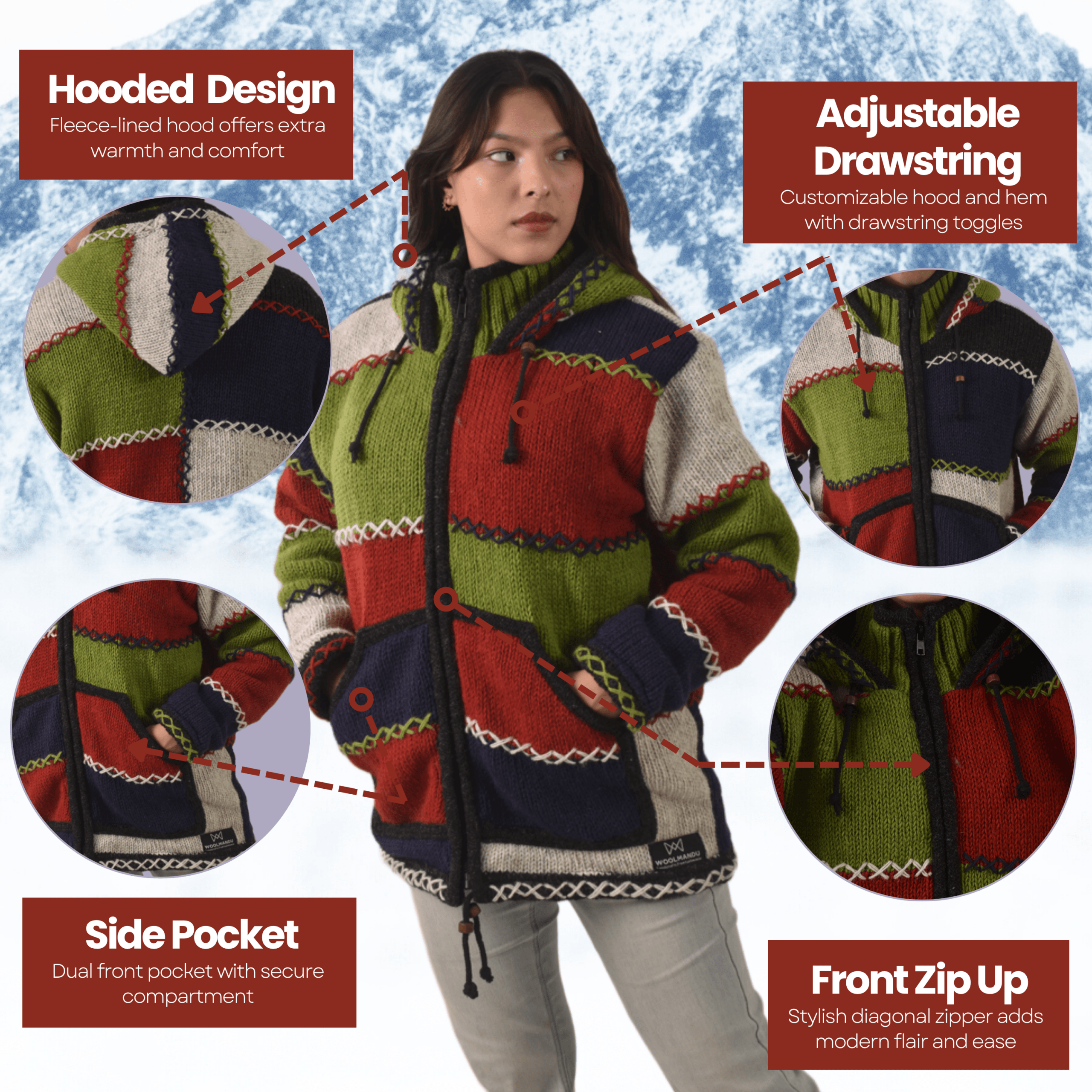 100% Wool Jacket For Women & Men - Unisex Patchwork Multicolor Fleece Lined - Made in Nepal - Image 9