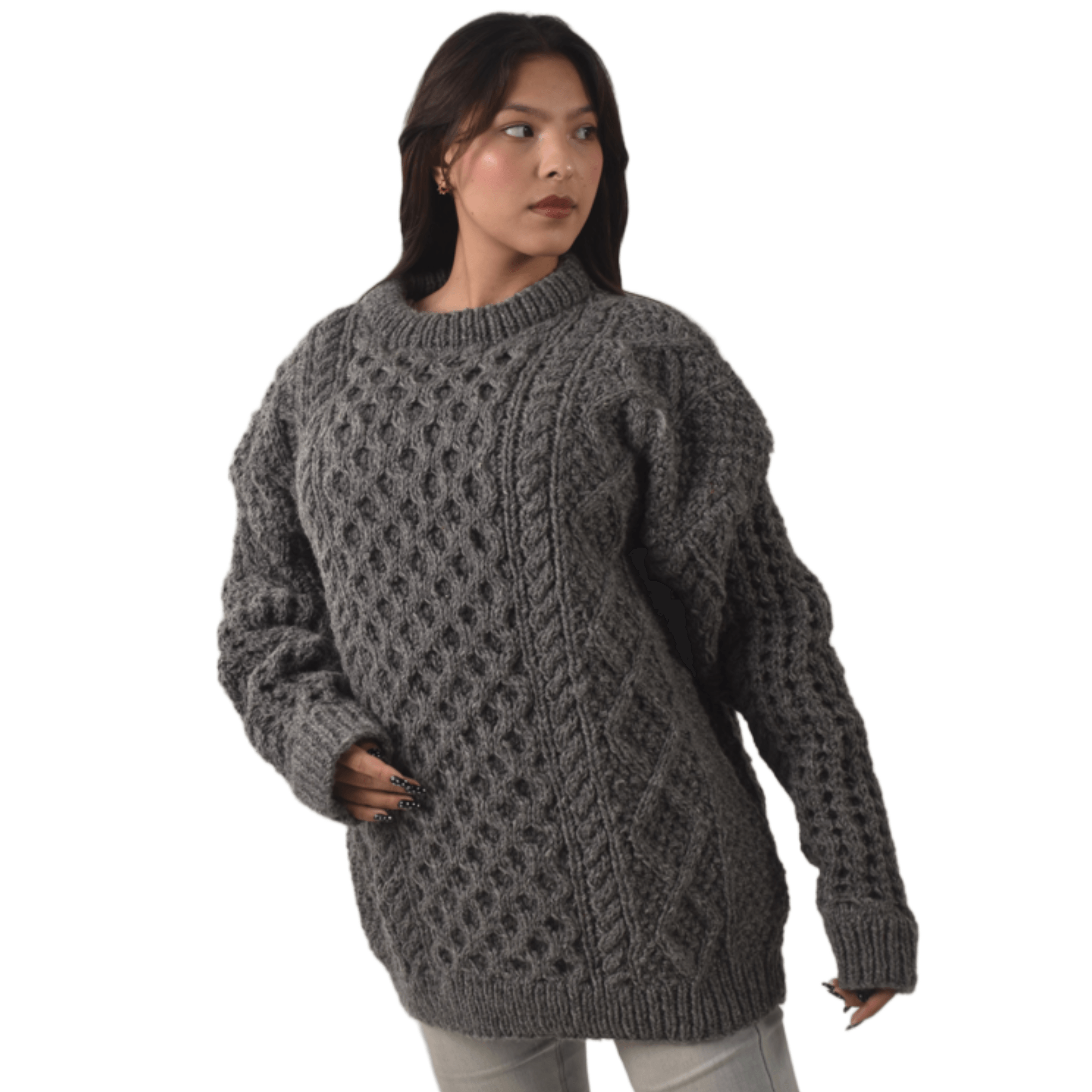 Handknit 100%Sheep Wool Cable Knit Sweater For Men & Women - Nepal Unisex Crewneck Aran Fisherman Woolen Pullover - Dark Grey - Image 3