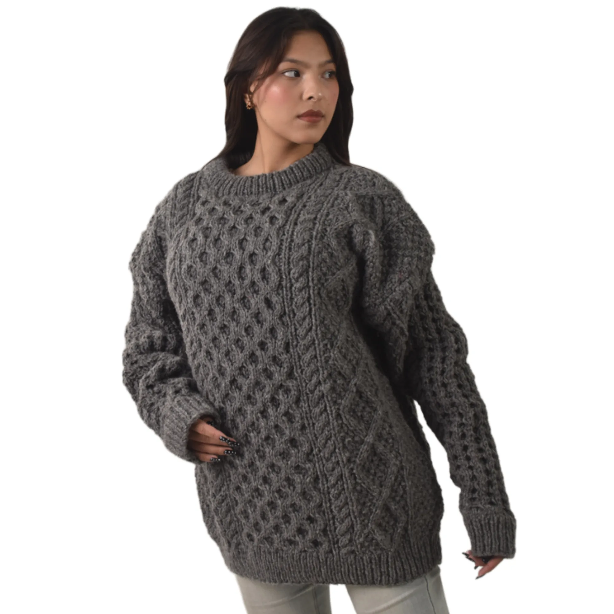 Handknit 100%Sheep Wool Cable Knit Sweater For Men & Women - Nepal Unisex Crewneck Aran Fisherman Woolen Pullover - Dark Grey - Image 3