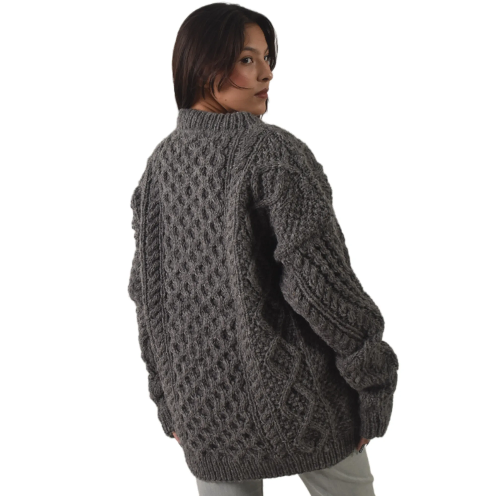 Handknit 100%Sheep Wool Cable Knit Sweater For Men & Women - Nepal Unisex Crewneck Aran Fisherman Woolen Pullover - Dark Grey - Image 5
