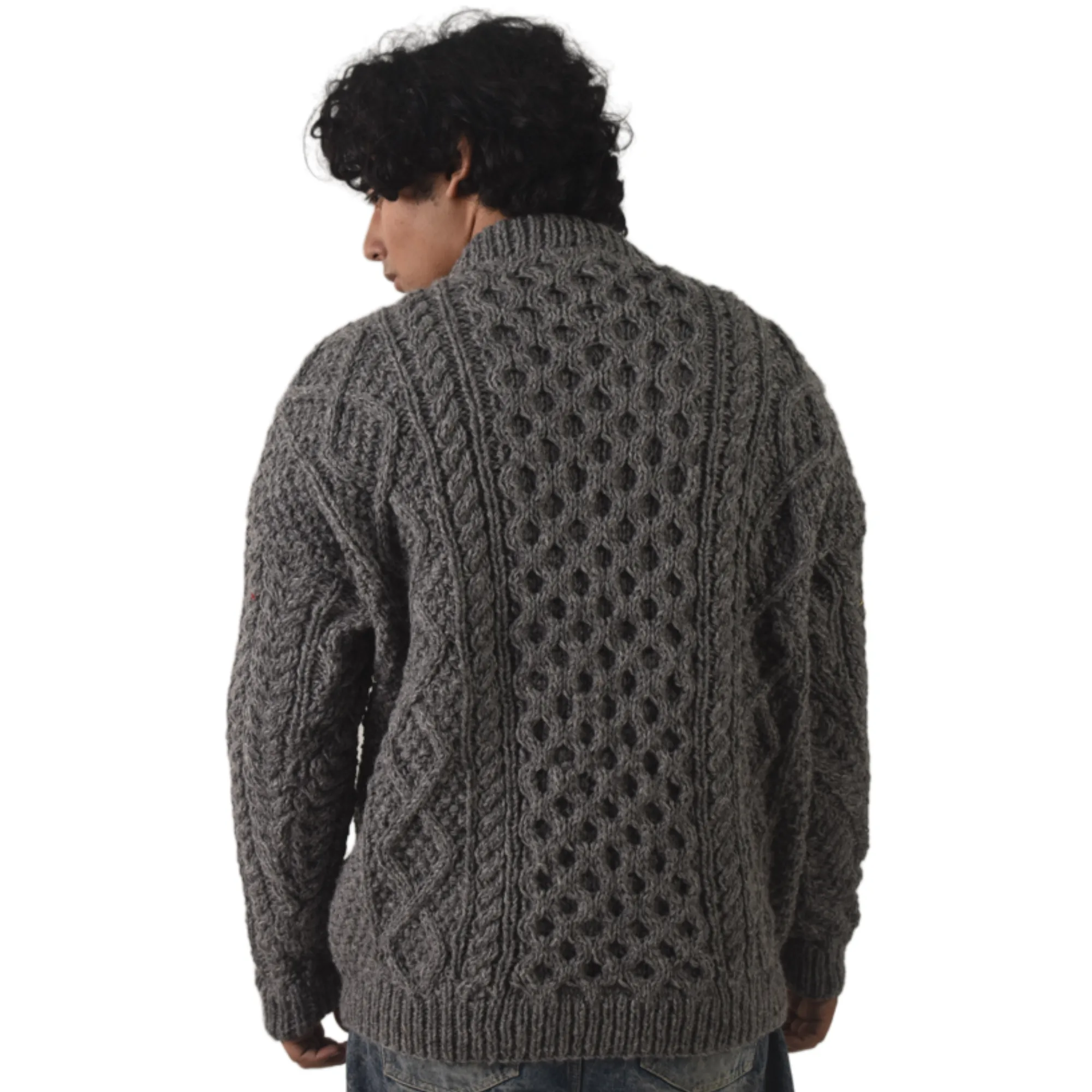Handknit 100%Sheep Wool Cable Knit Sweater For Men & Women - Nepal Unisex Crewneck Aran Fisherman Woolen Pullover - Dark Grey - Image 6