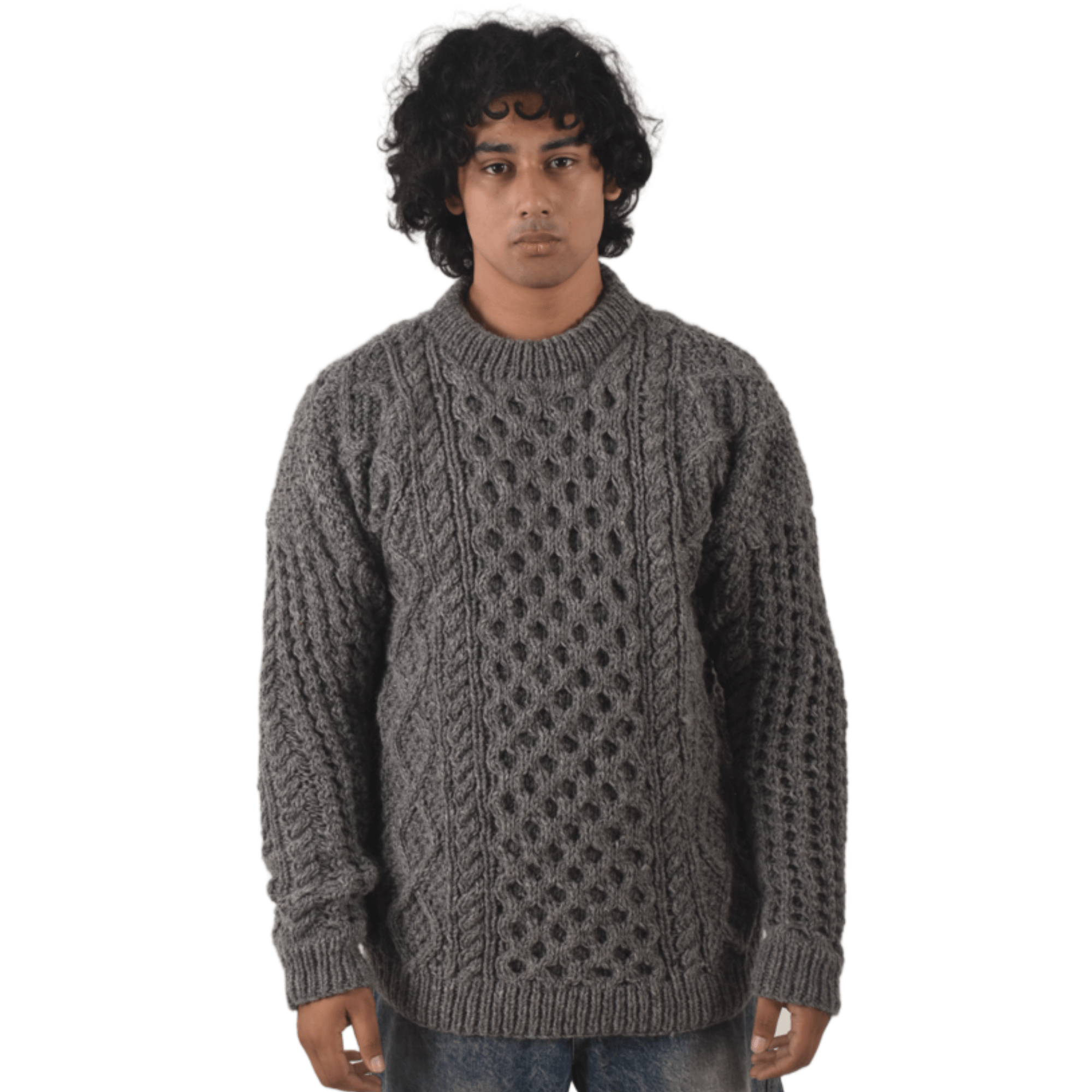 Handknit 100%Sheep Wool Cable Knit Sweater For Men & Women - Nepal Unisex Crewneck Aran Fisherman Woolen Pullover - Dark Grey - Image 2