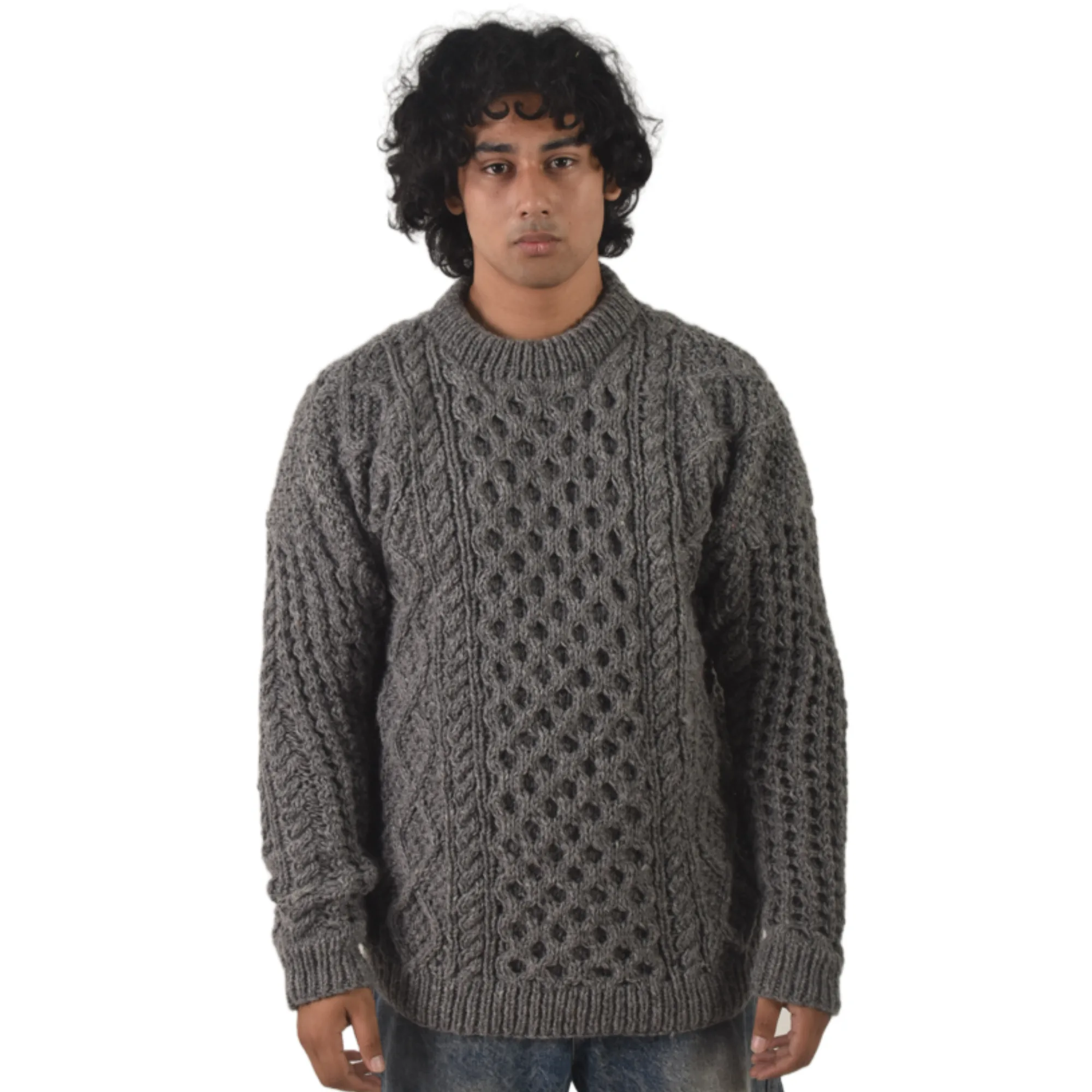 Handknit 100%Sheep Wool Cable Knit Sweater For Men & Women - Nepal Unisex Crewneck Aran Fisherman Woolen Pullover - Dark Grey - Image 2