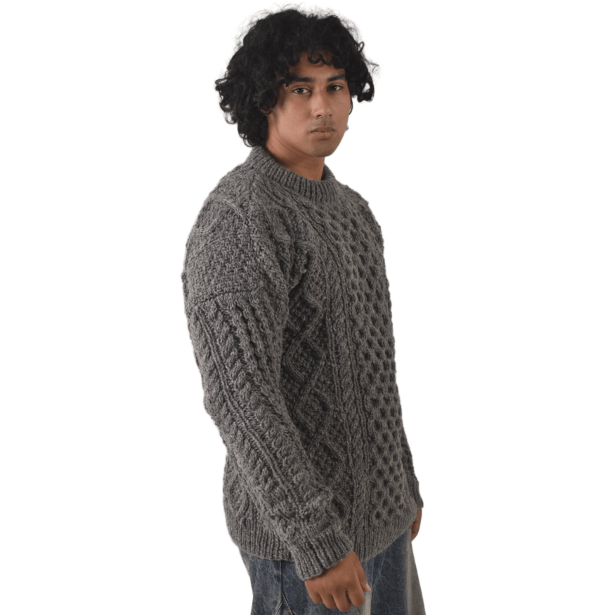 Handknit 100%Sheep Wool Cable Knit Sweater For Men & Women - Nepal Unisex Crewneck Aran Fisherman Woolen Pullover - Dark Grey - Image 4