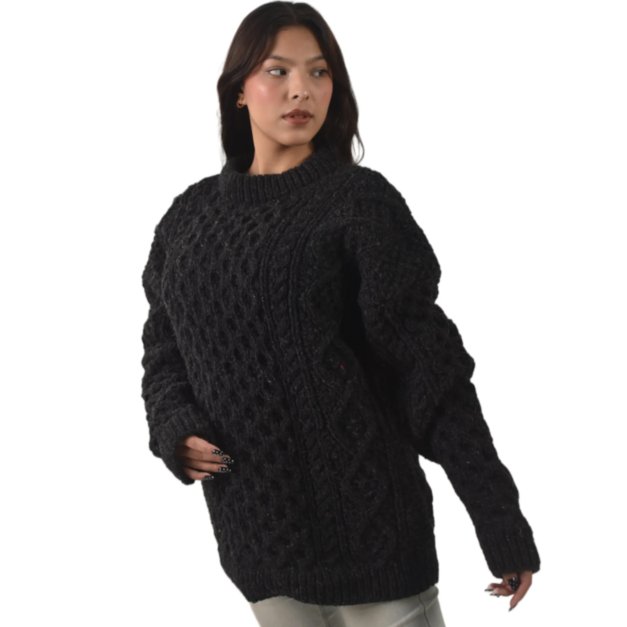 Handknit 100% Sheep Wool Aran Sweater For Men & Women - Nepal Unisex Crewneck Cable Knit Fisherman Woolen Pullover - Black - Image 3