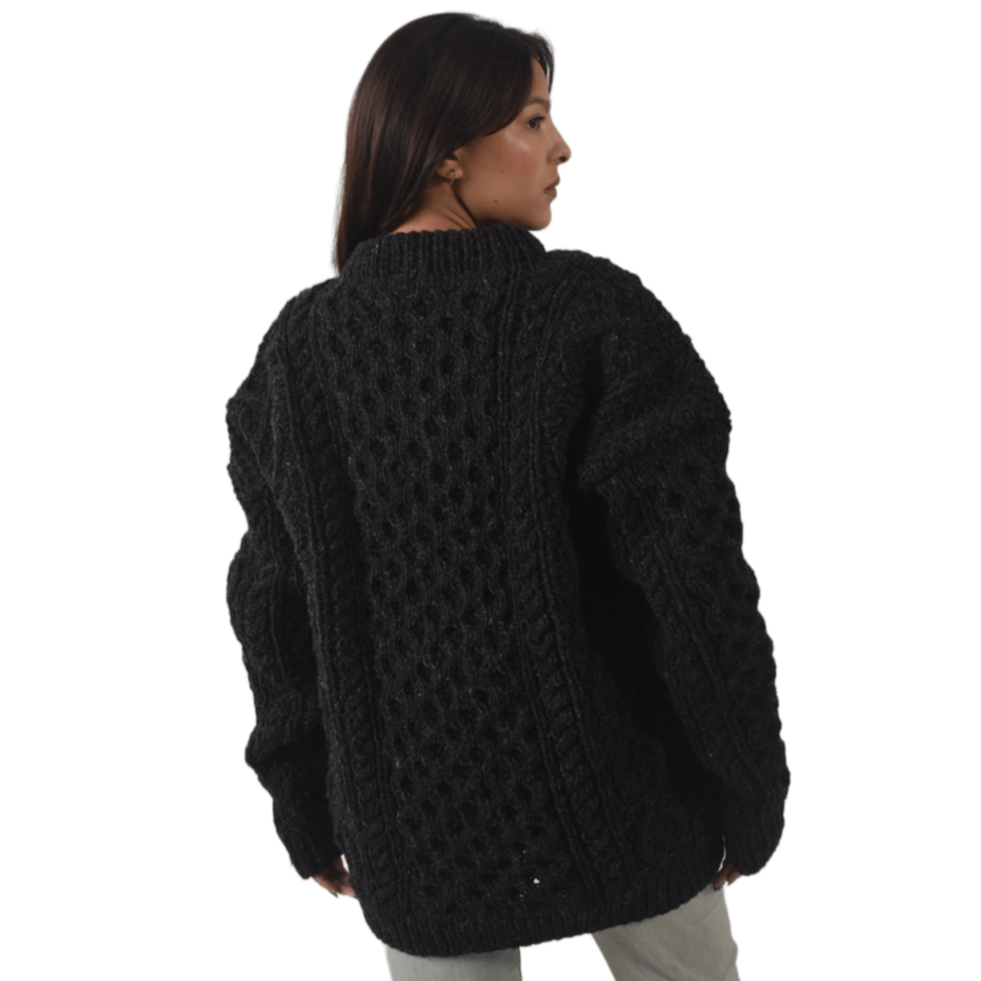Handknit 100% Sheep Wool Aran Sweater For Men & Women - Nepal Unisex Crewneck Cable Knit Fisherman Woolen Pullover - Black - Image 6