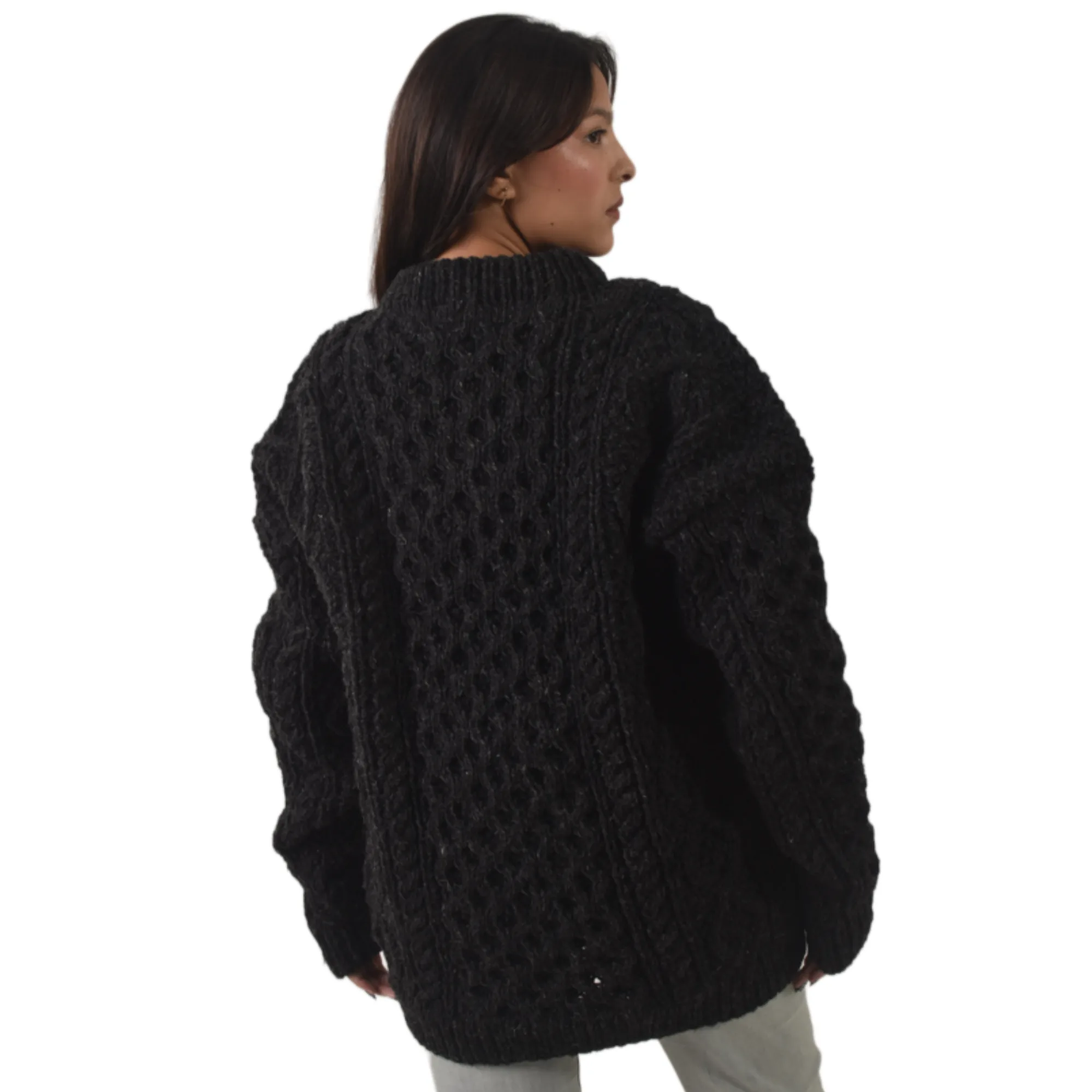 Handknit 100% Sheep Wool Aran Sweater For Men & Women - Nepal Unisex Crewneck Cable Knit Fisherman Woolen Pullover - Black - Image 6