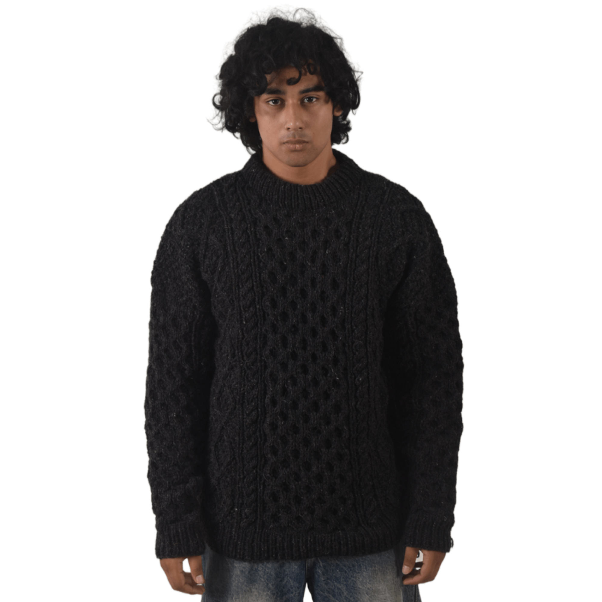 Handknit 100% Sheep Wool Aran Sweater For Men & Women - Nepal Unisex Crewneck Cable Knit Fisherman Woolen Pullover - Black - Image 5